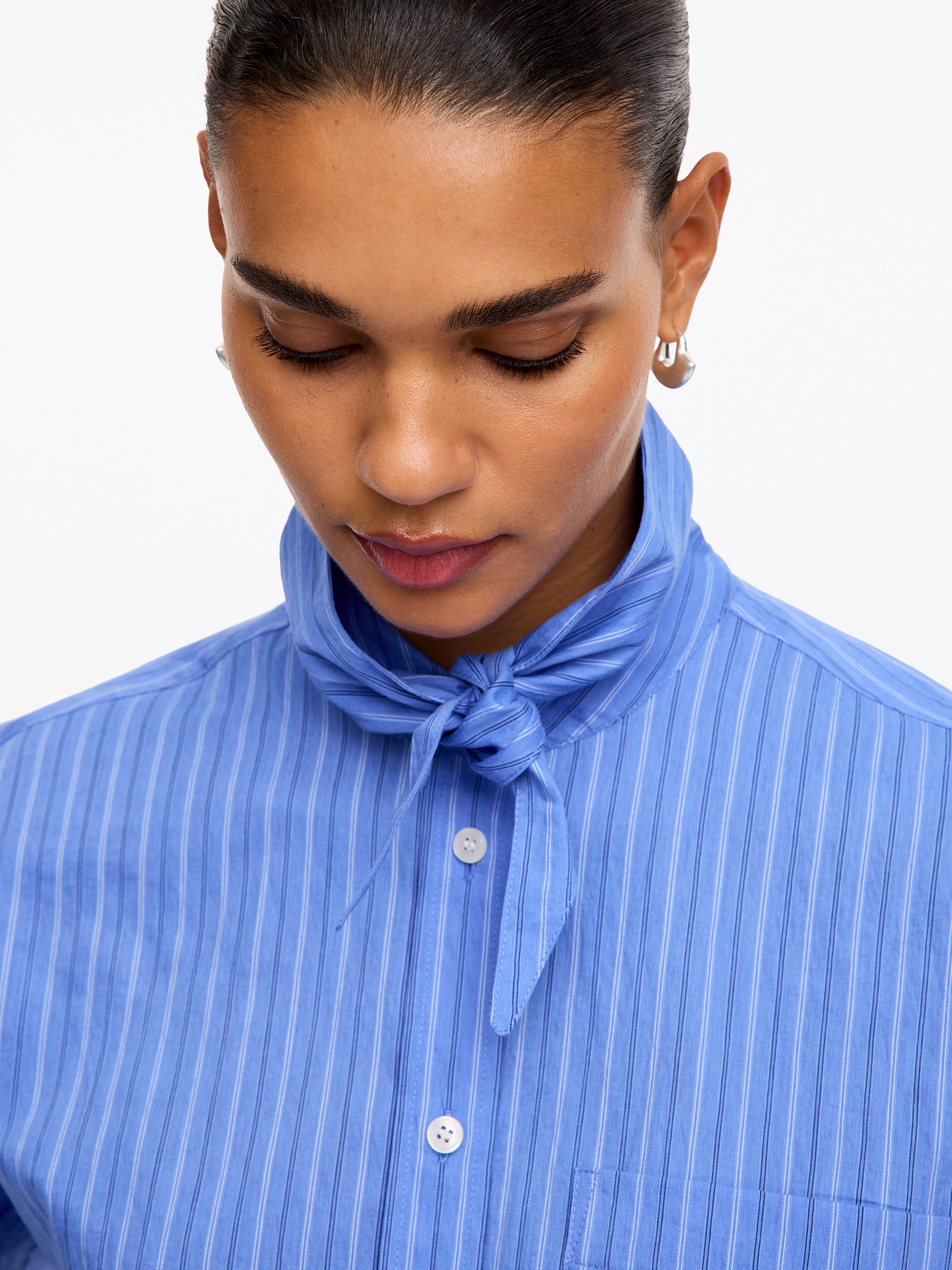 Scarf-Detail Cotton Shirt - Blue/Striped - Regular fit - women - StillMedia/Lookbook - 2