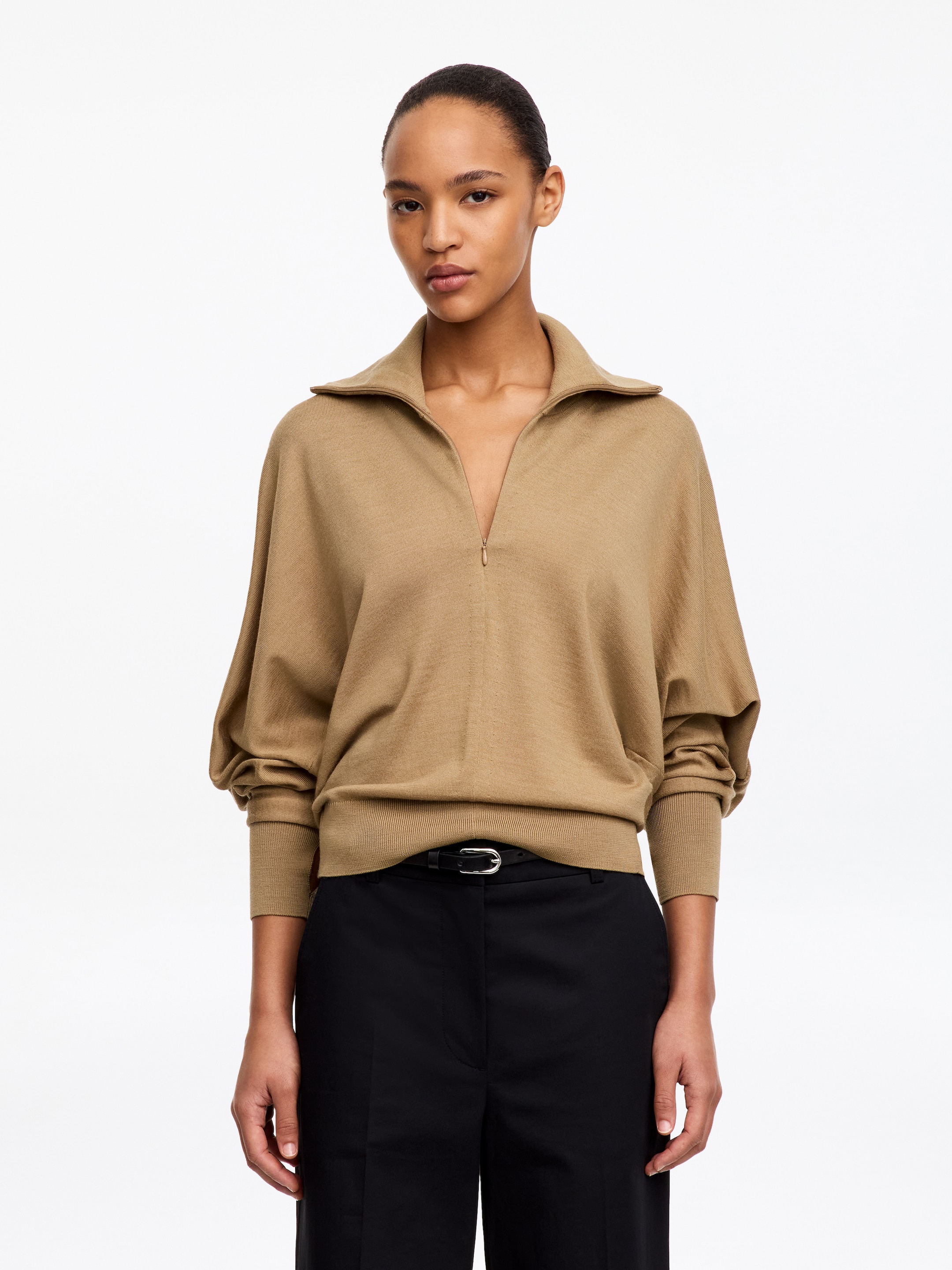 Pullover aus Merinowolle mit kurzem Reißverschluss-Beige-20180