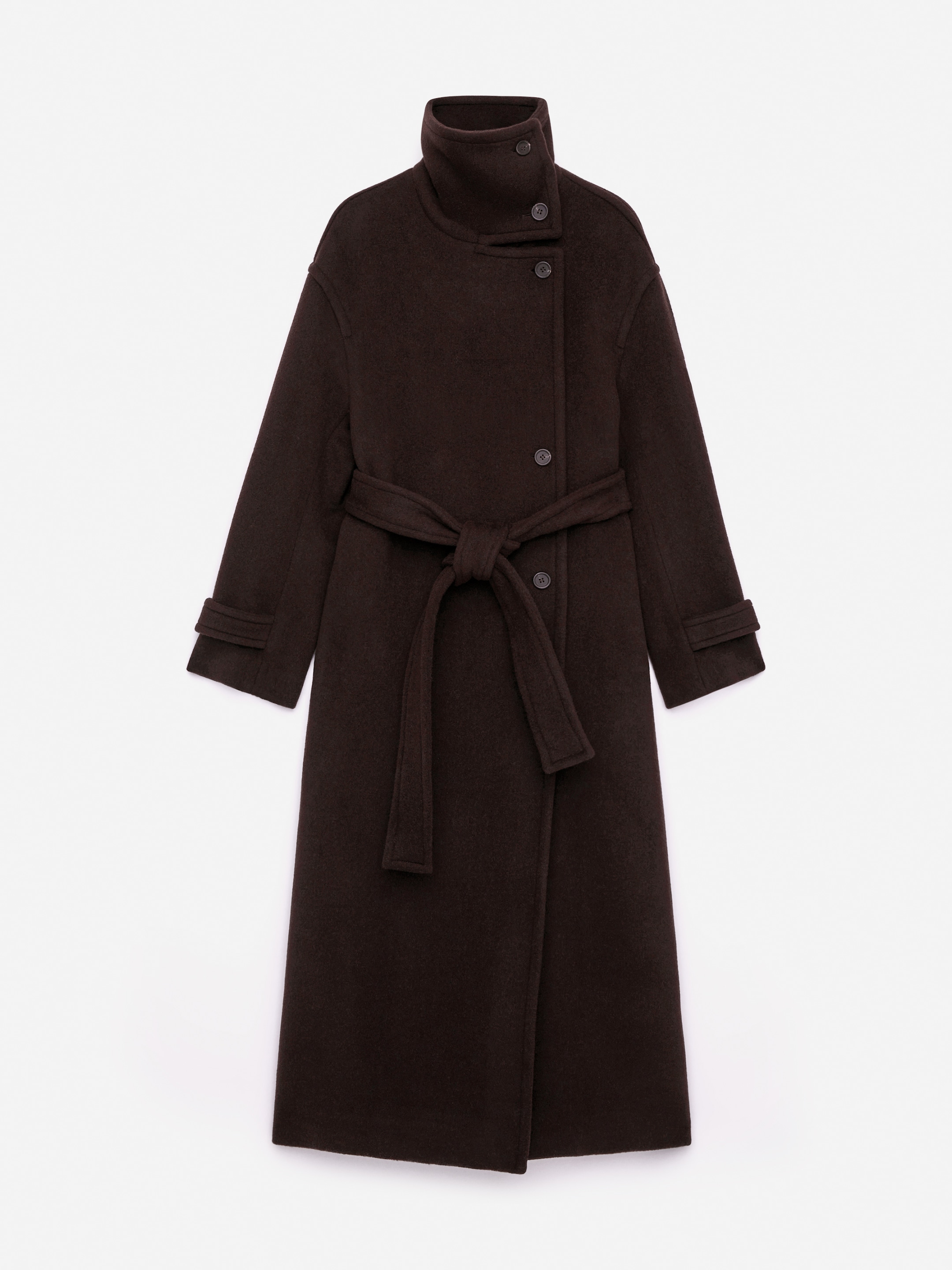 View larger image: A dark brown oversized belted maxi coat is presented FRONT, featuring a standing collar, a single-breasted button closure, and a self-fabric belt tied at the waist. Its long sleeves are detailed with tabs and button closures.
