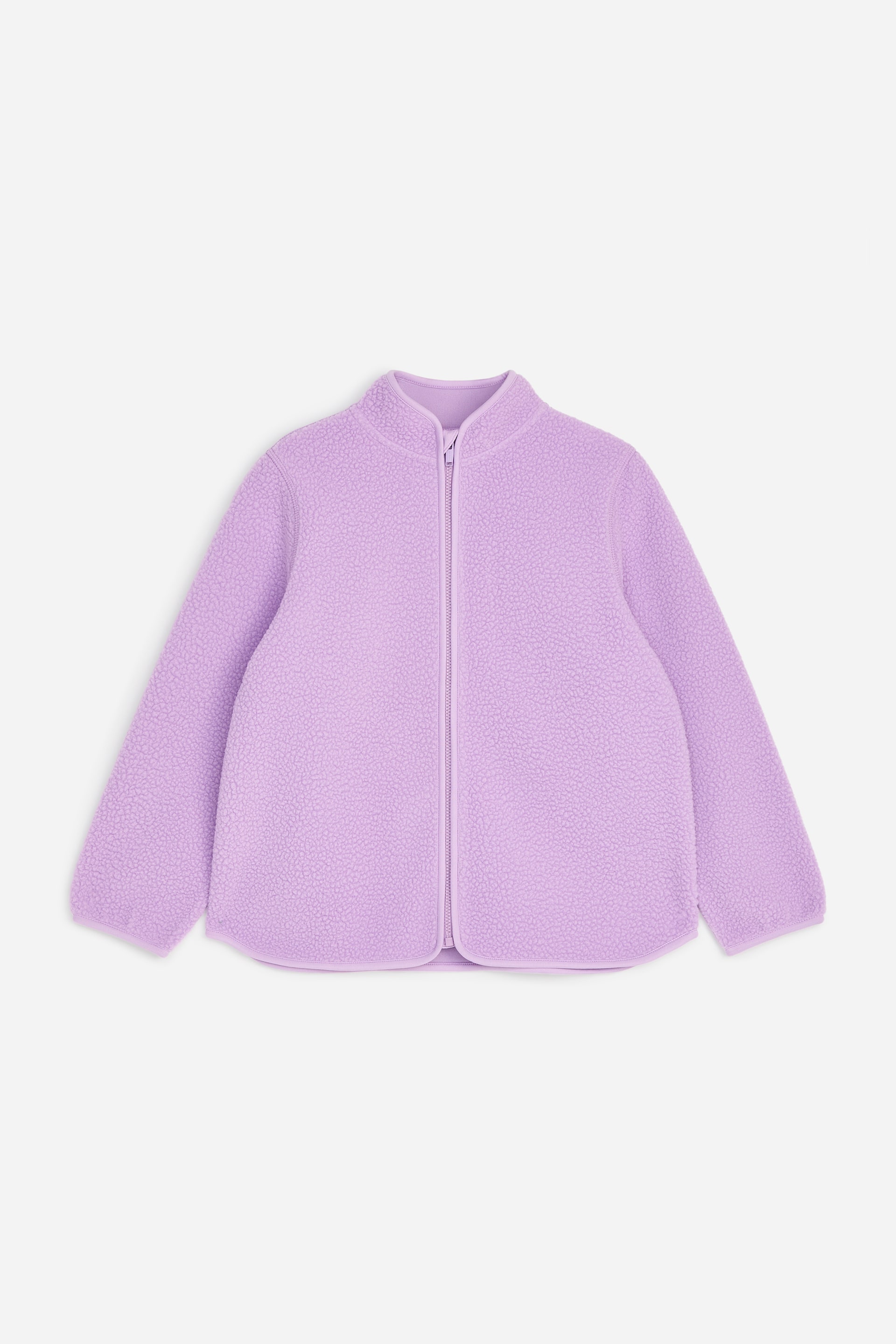 Näytä suurempi kuva: Laventelinvärinen fleece-takki esitetään edestä. Se on valmistettu teksturoidusta fleece-materiaalista, ja siinä on täyspitkä vetoketjusuljenta, pystykaulus sekä joustavat jersey-reunukset kauluksessa, vetoketjulistassa ja helmassa.