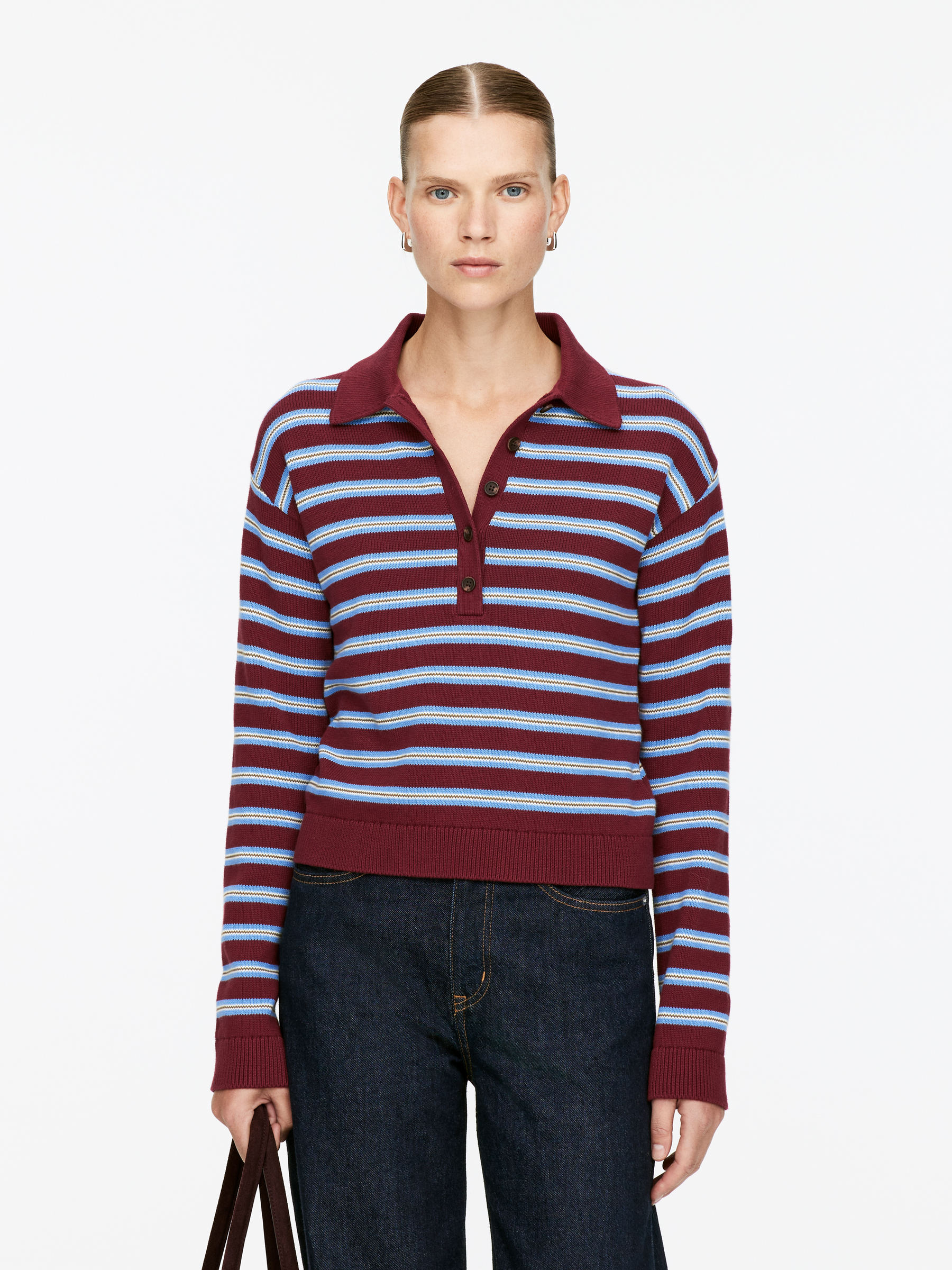 Knitted Polo Shirt - Burgundy/Blue - Regular fit - Women - StillMedia/Lookbook - 4