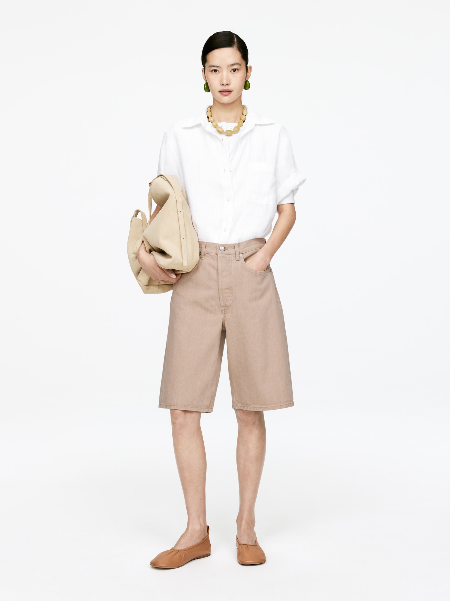 Long Denim Shorts - Bej/Alb/Albastru închis
