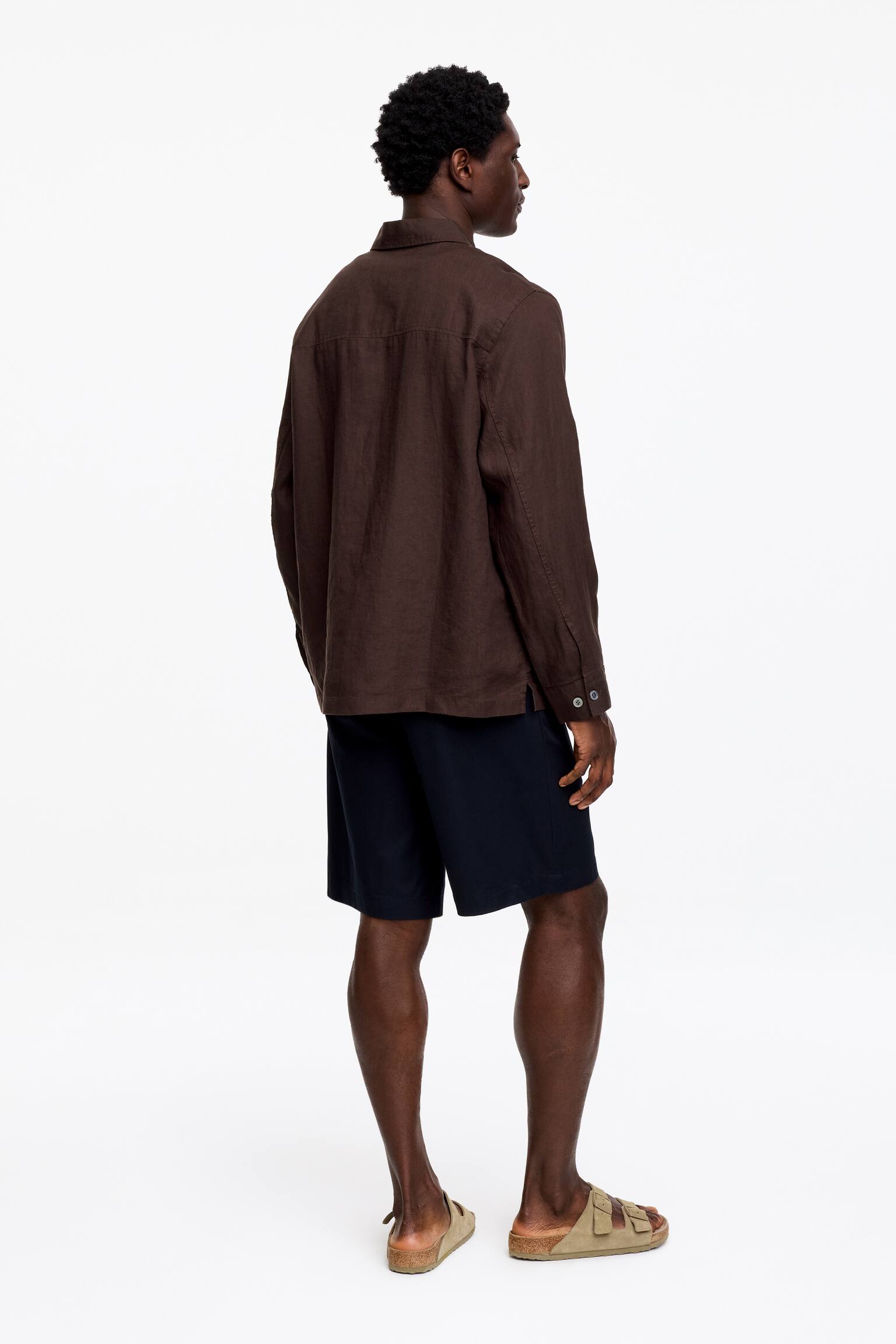 Chemise décontractée en lin-Marron - 5