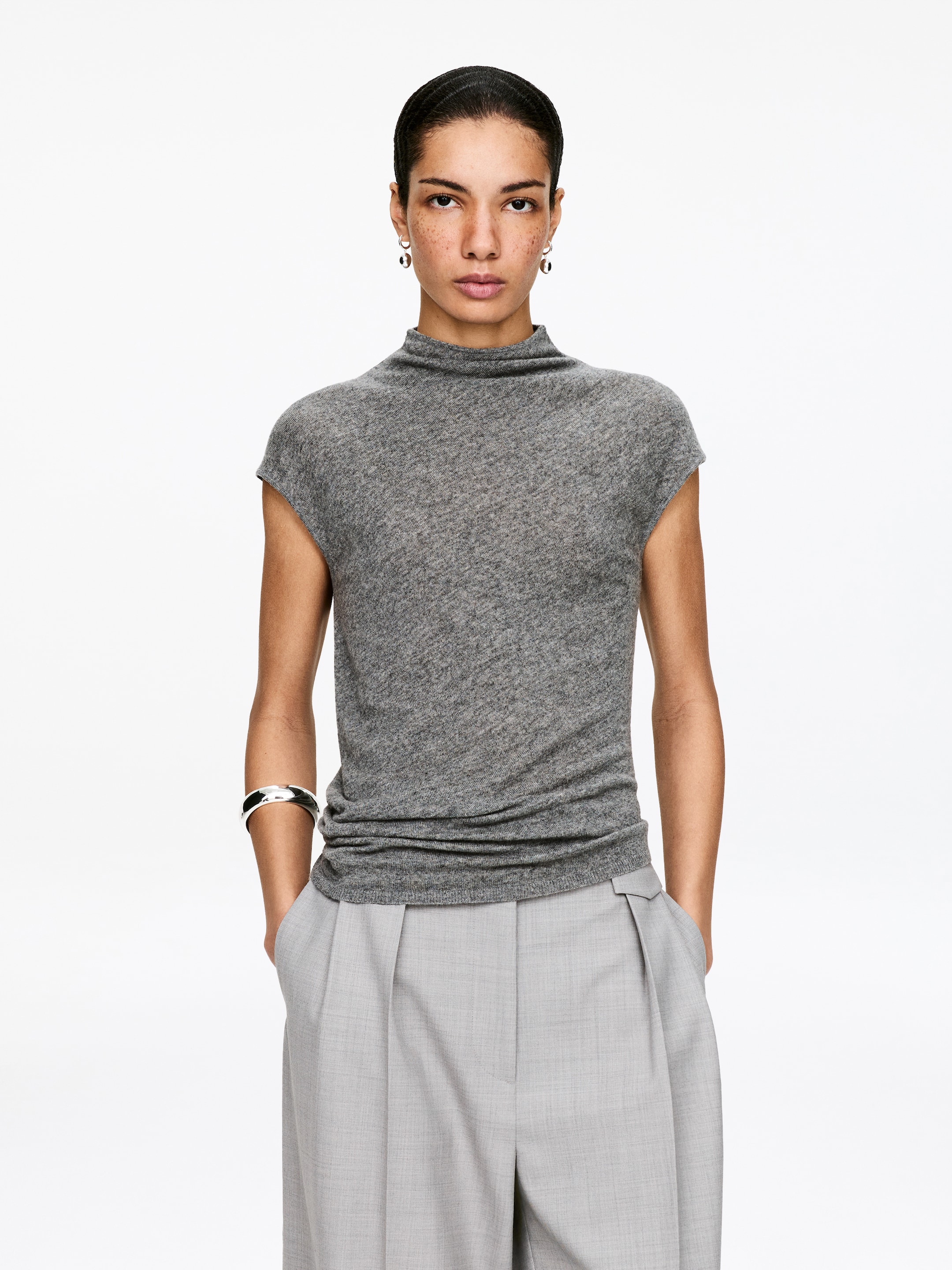 Maglia drappeggiata in puro cashmere-#747474-17904