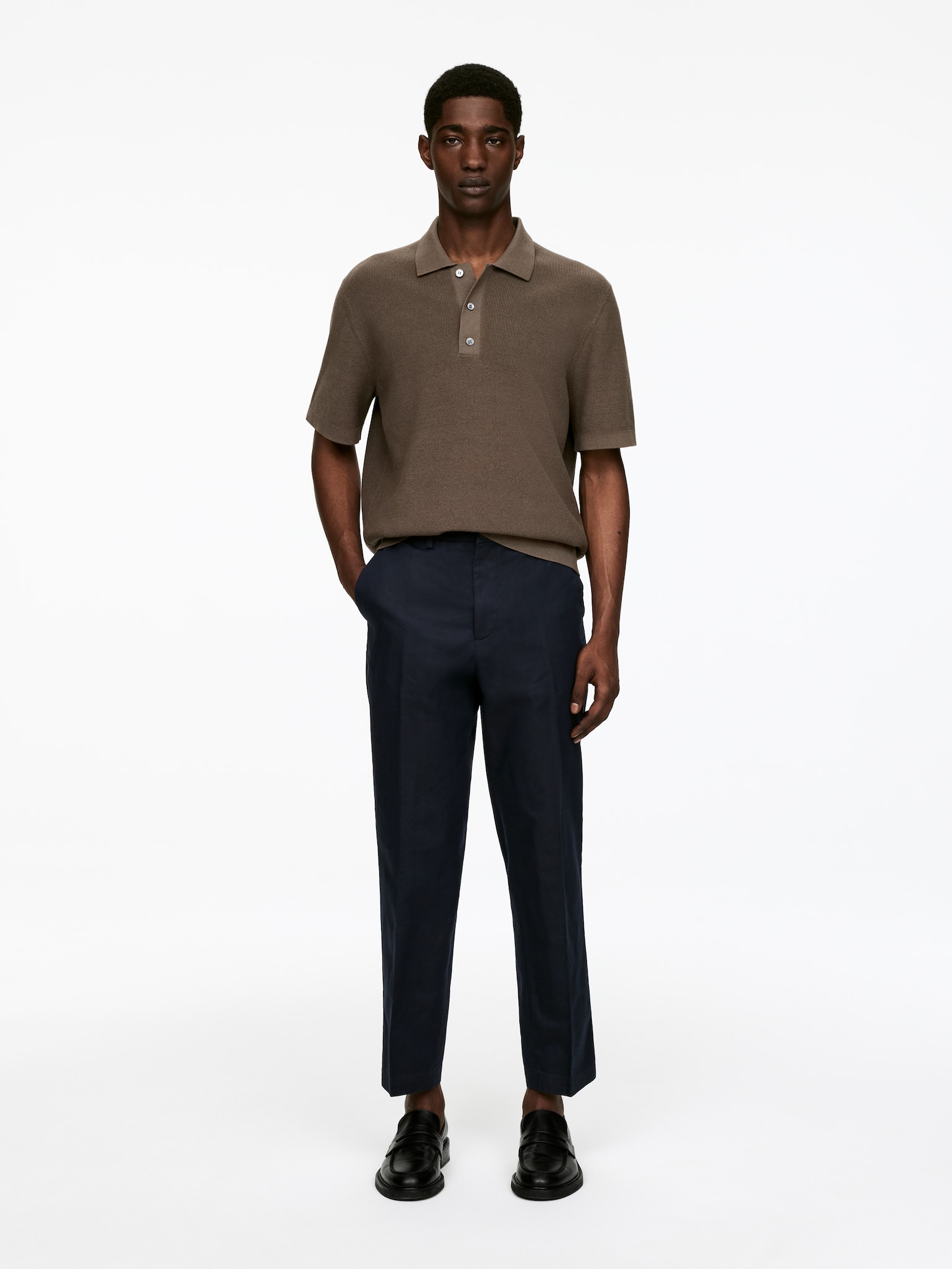 Regular Cropped Cotton-Linen Trousers - Dark Blue/Black/Off-White