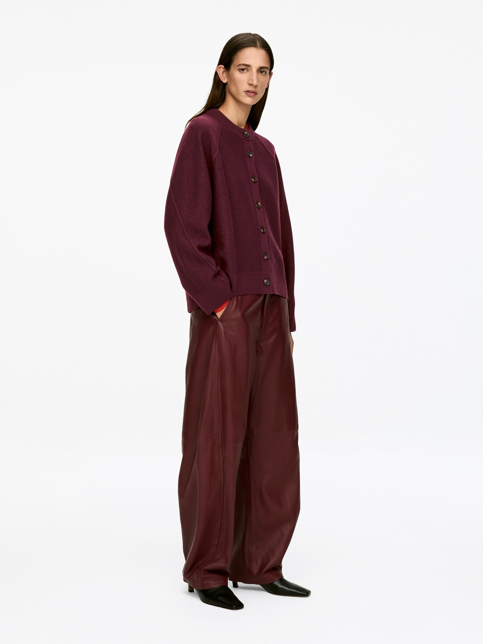 Boiled Wool Cardigan - Burgundy/Black - 5