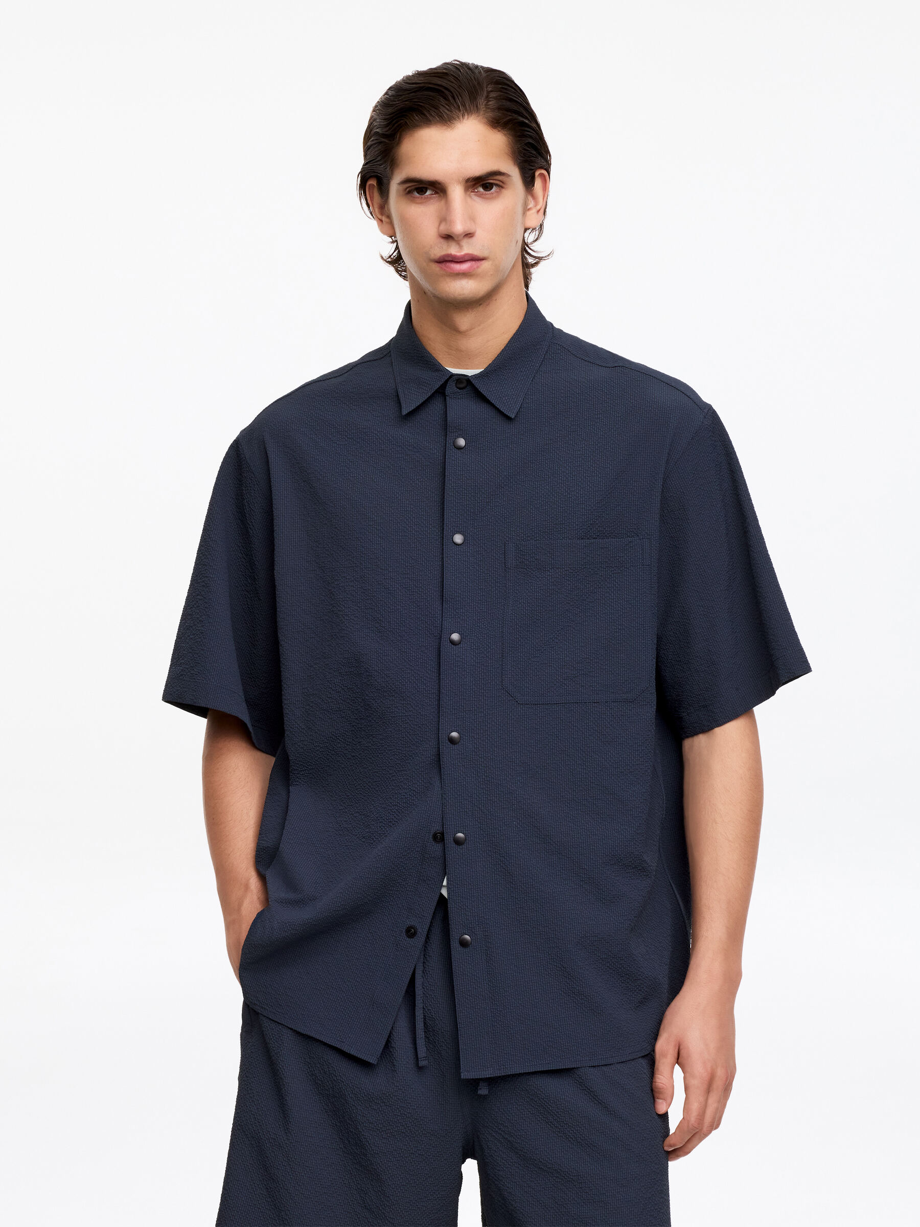 Chemise technique à manches courtes en seersucker - Bleu marine foncé - Regular fit - Homme - StillMedia/Lookbook - 4
