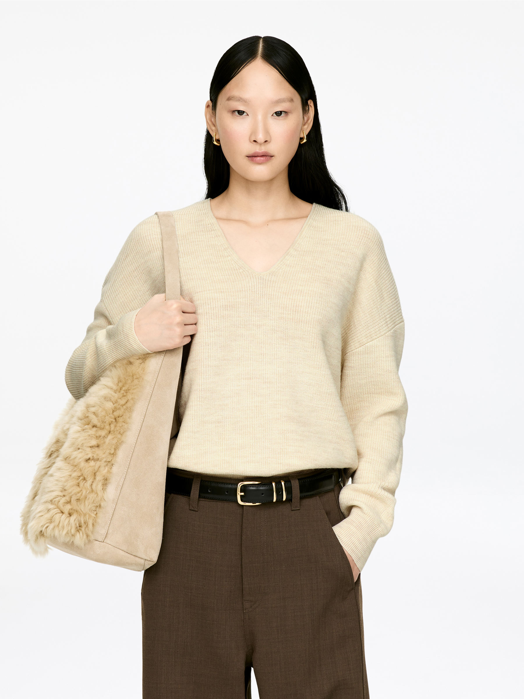 Wool-Cotton V-Neck Jumper-#F2E8D6-17490