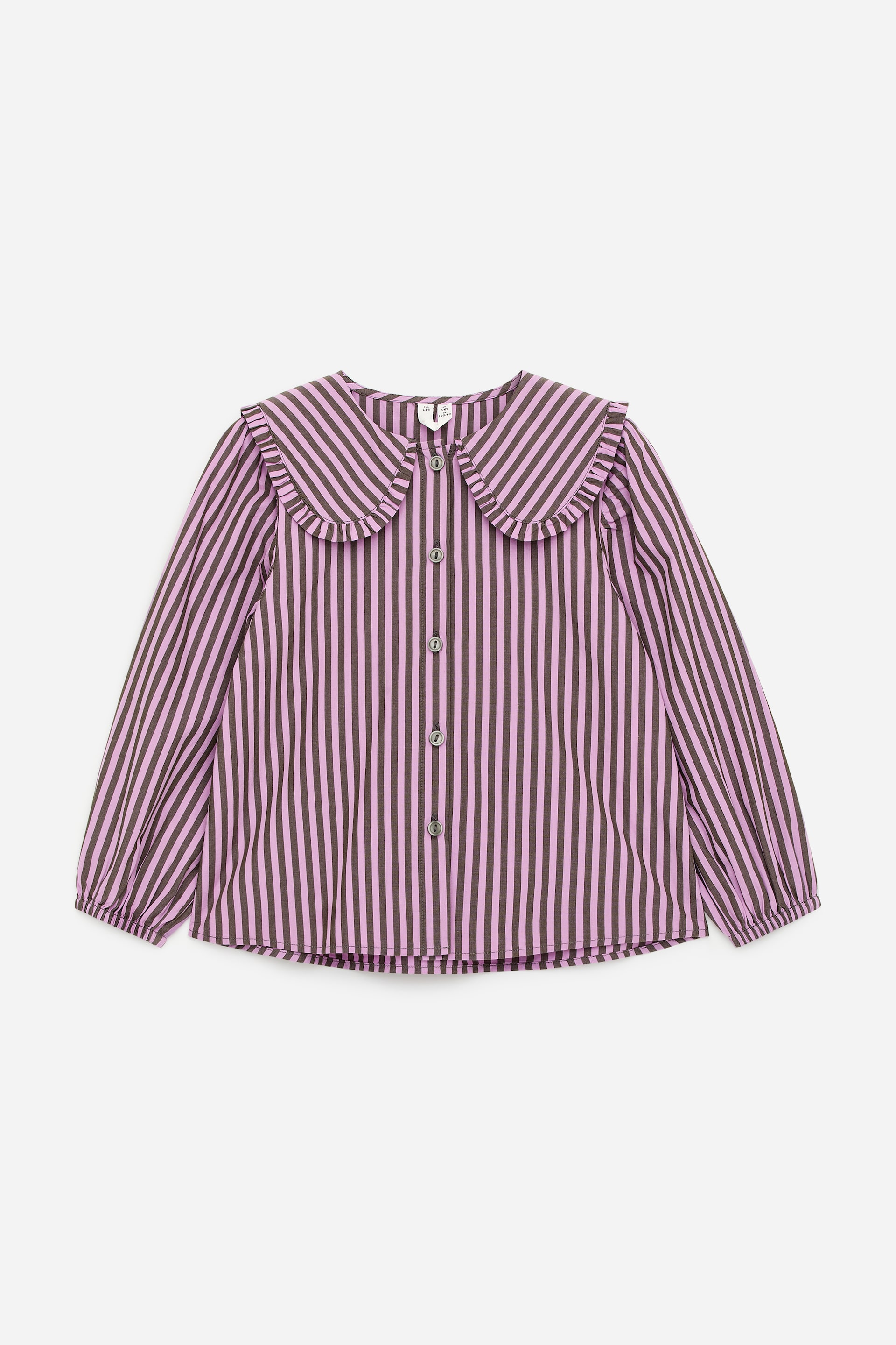 View larger image: Blouse in a front view, featuring lilac and dark brown vertical stripes. It showcases a rounded frilled collar, a button fastening running down the centre front, and long sleeves displaying gathers and elastics at the sleeve edges.