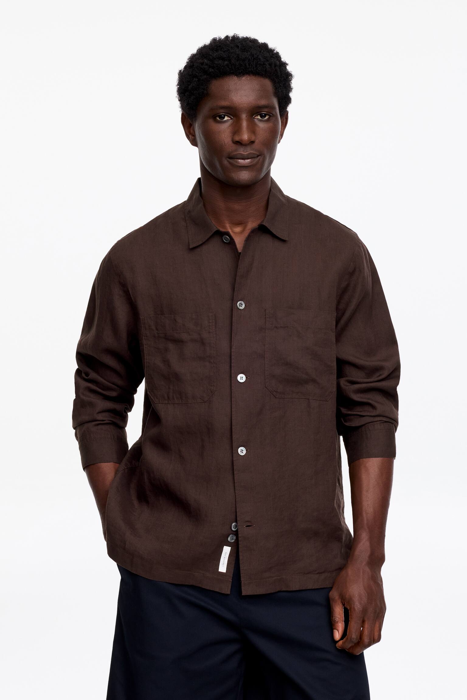 Chemise décontractée en lin-Marron - 1