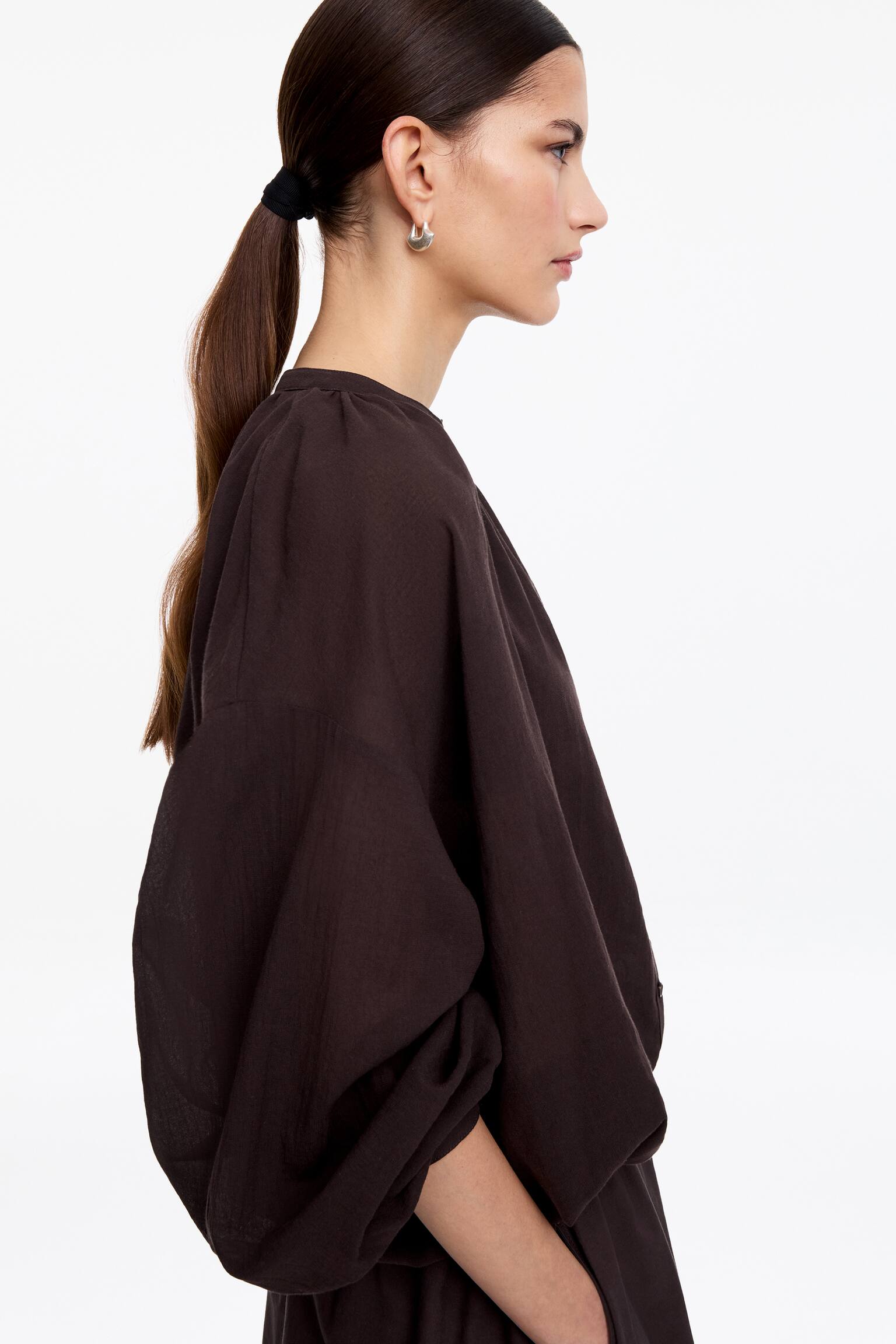 Crepe-Bluse mit Kordelzug-Braun - 4