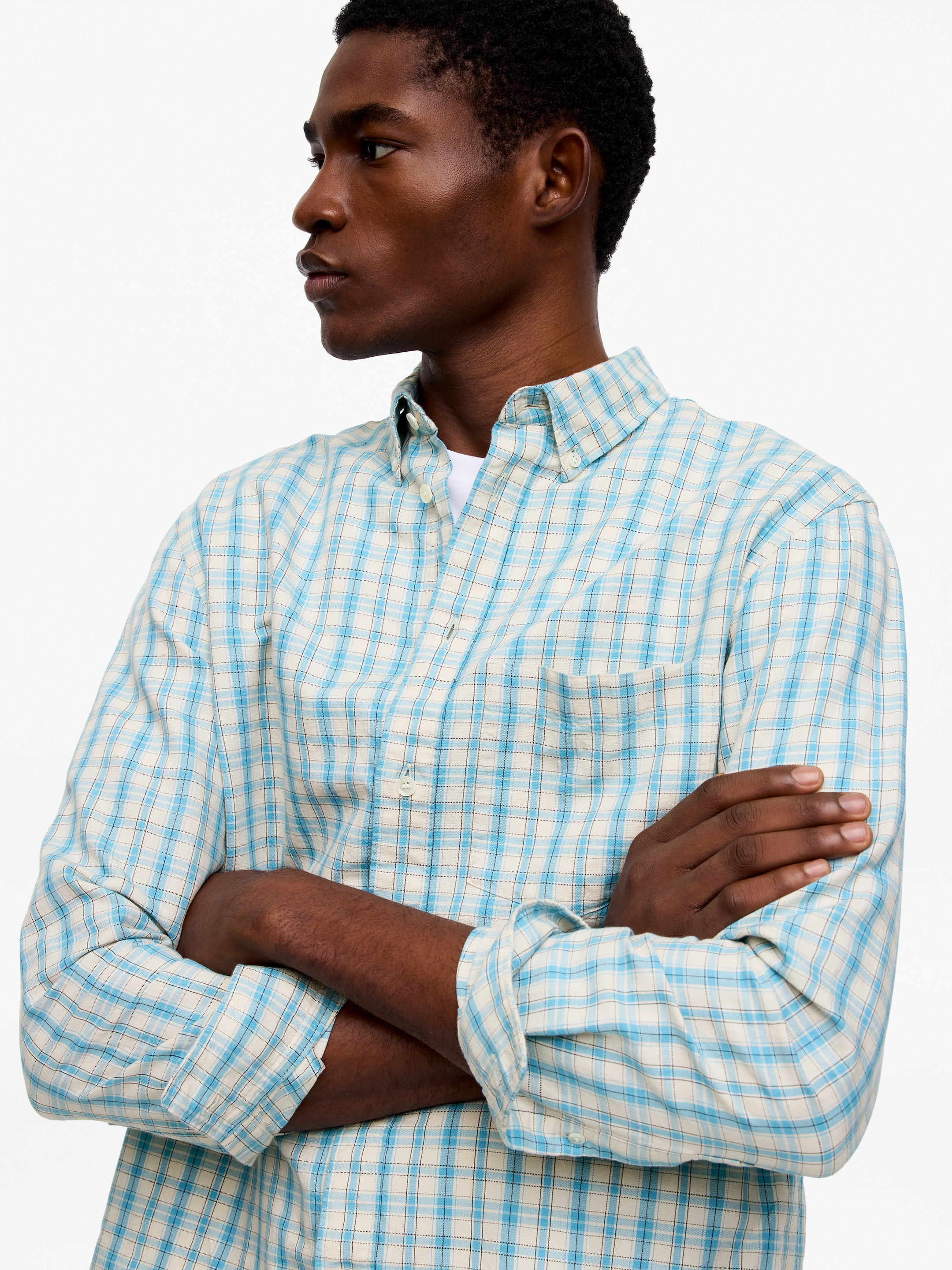 Chemise décontractée en coton et lin - Turquoise/Carreaux - Relaxed fit - Homme - StillMedia/Lookbook - 4