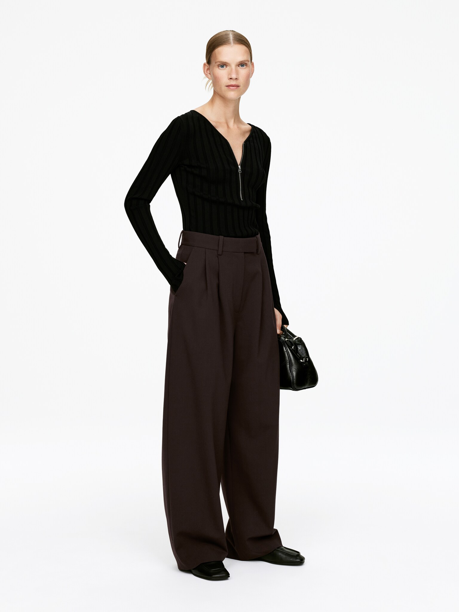 Pantalon tailleur à jambes larges - Marron foncé/Noir - 3