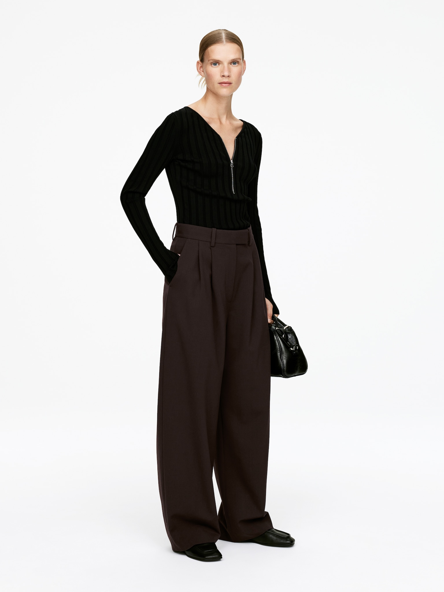 Pantalon tailleur à jambes larges - Marron foncé/Noir - 3