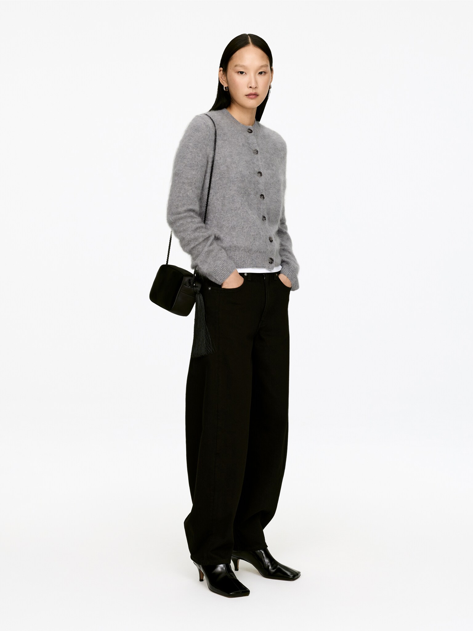 Cardigan i ren borstad kashmir - Grå/Svart - 5