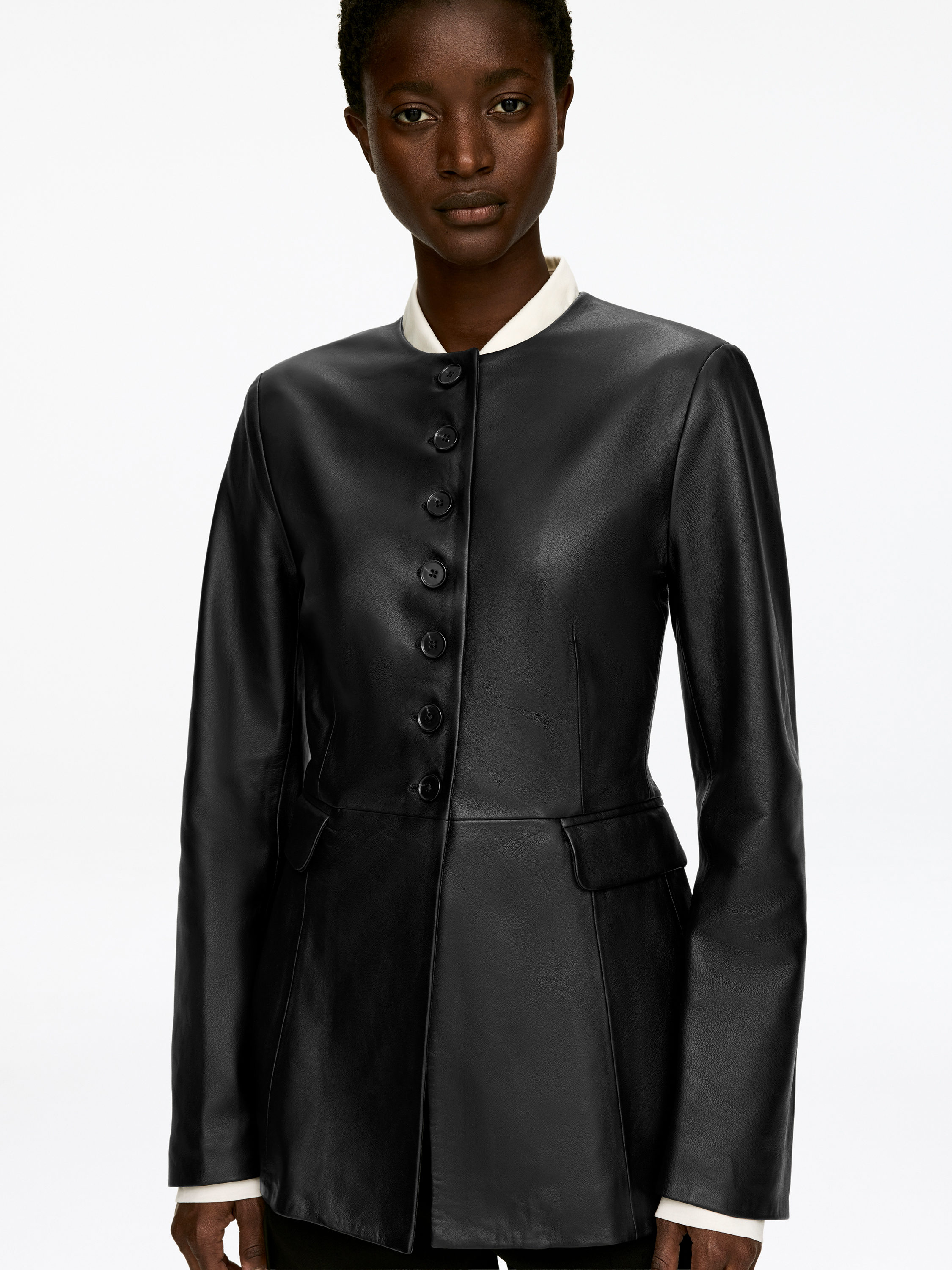 Collarless Leather Blazer - Black - Slim fit - Women - StillMedia/Lookbook - 3