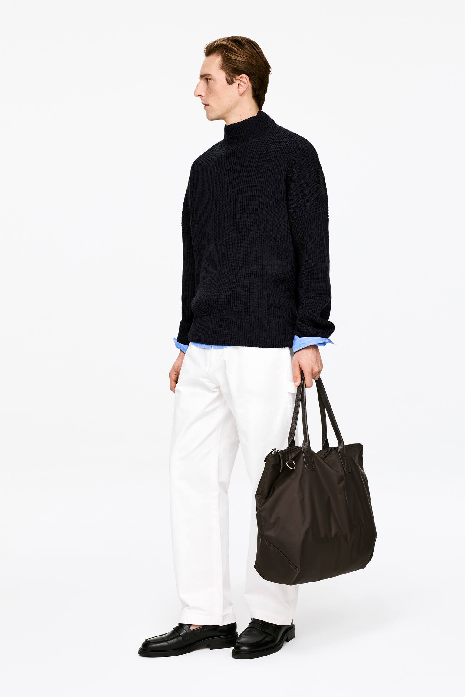 Trui van wol en katoen met trechterhals - Donkerblauw - 4