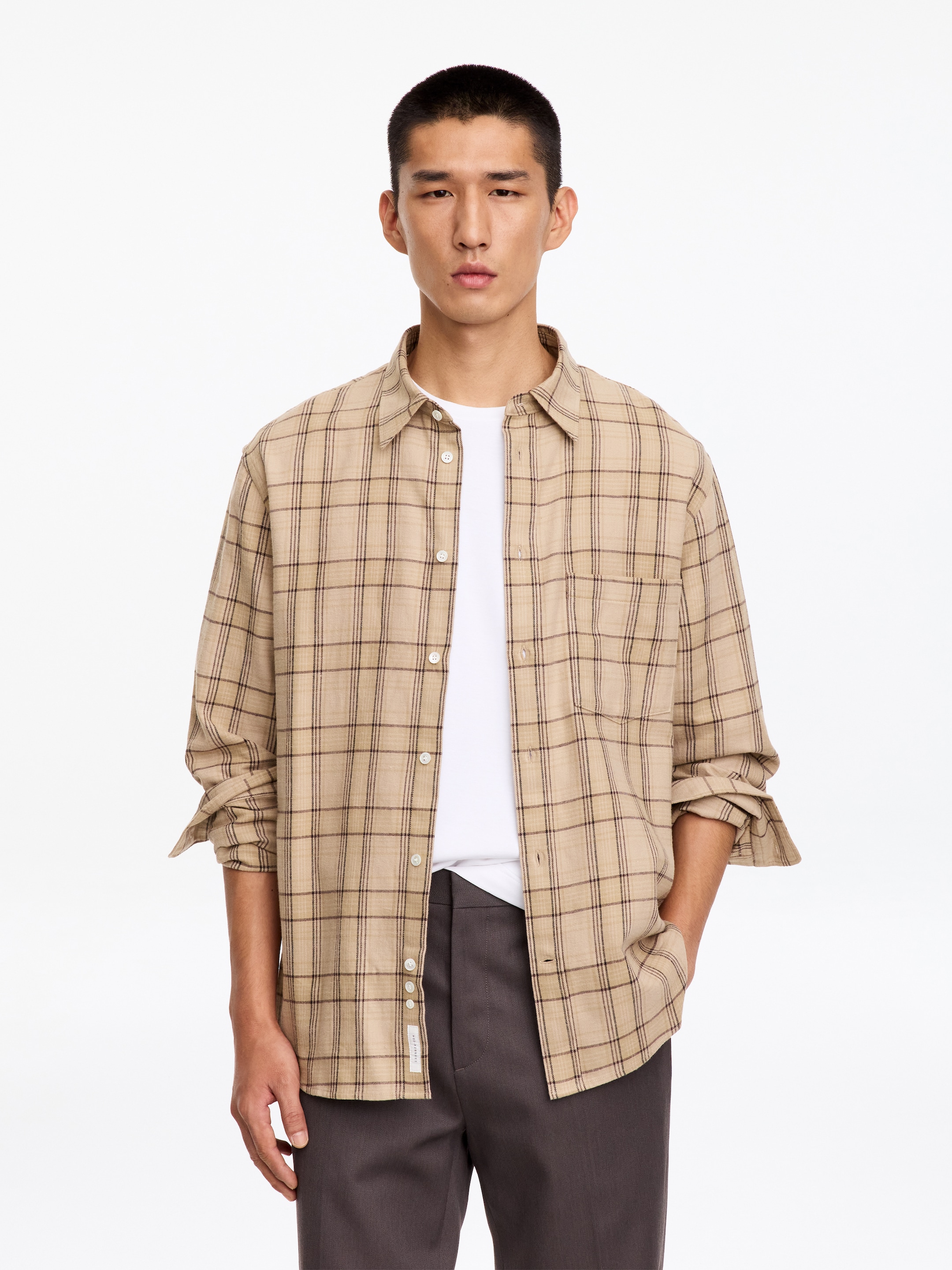 Camicia in flanella spazzolata-Beige-20502