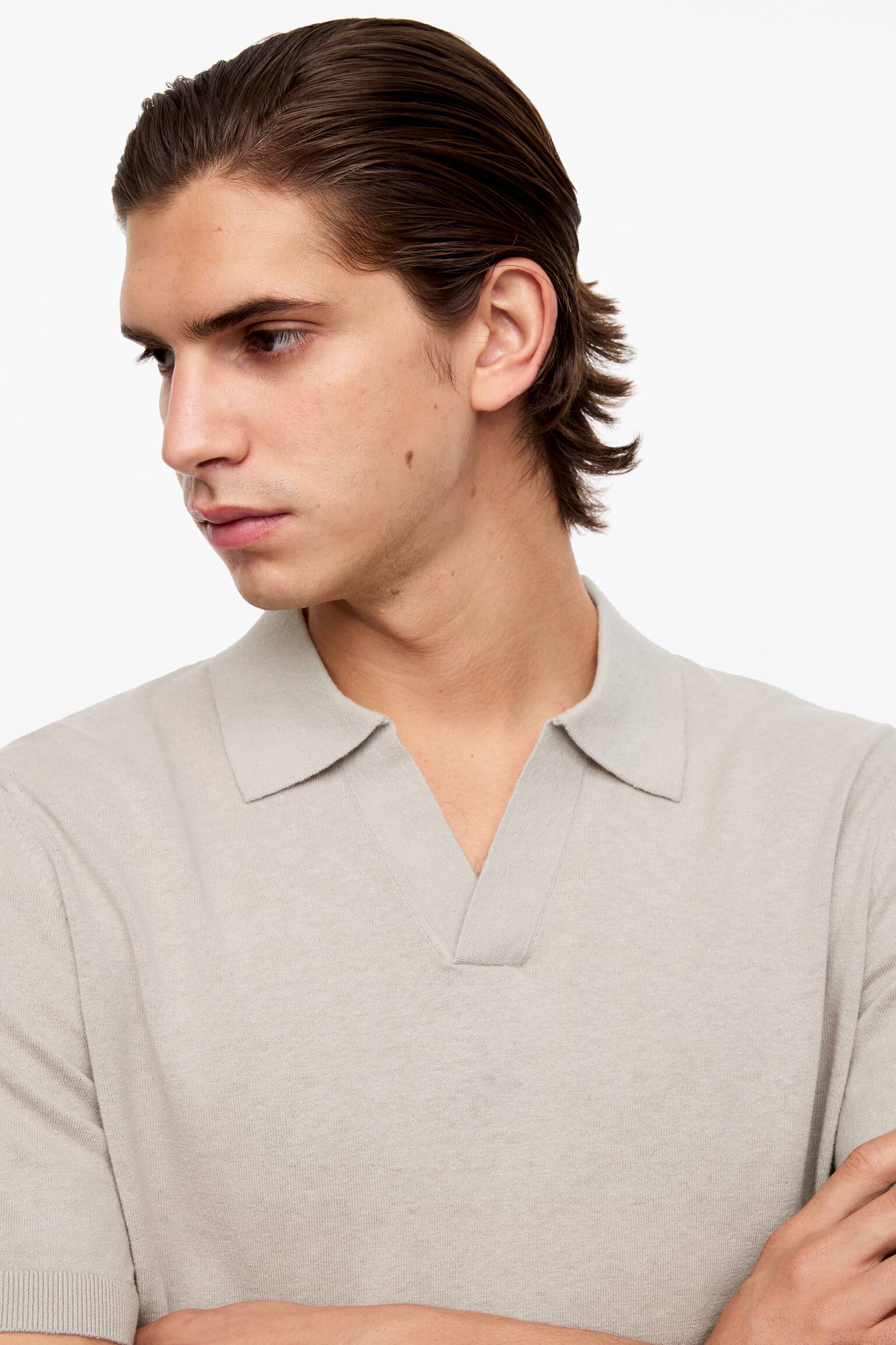Katoenen poloshirt met linnen-Licht taupe - 3