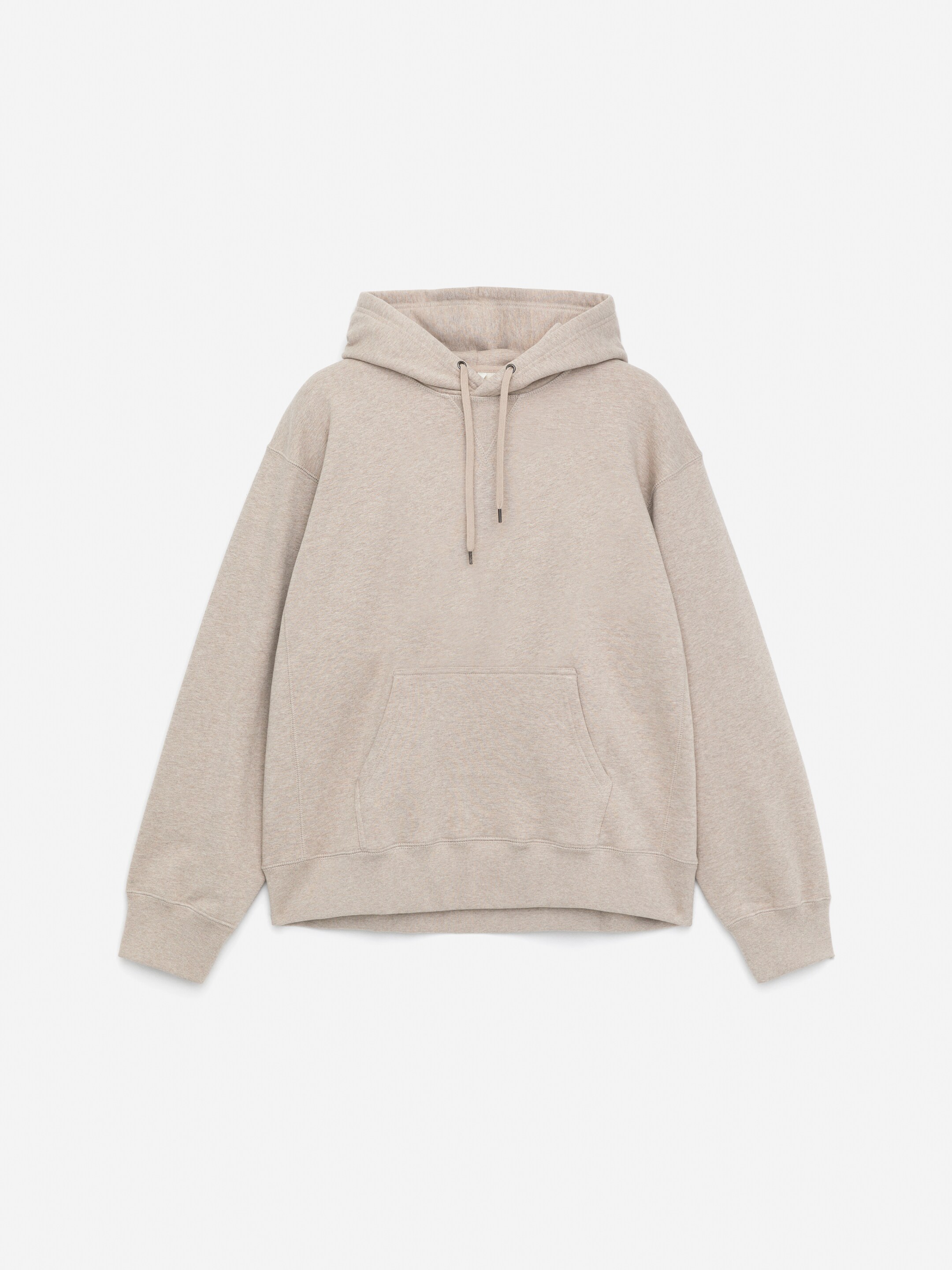 Visualizza immagine più grande: Una felpa con cappuccio beige mélange viene presentata dalla parte anteriore, mostrando una vestibilità generosa. Presenta un cordoncino al collo, una tasca a marsupio frontale e bordi a coste ai polsini e all'orlo.