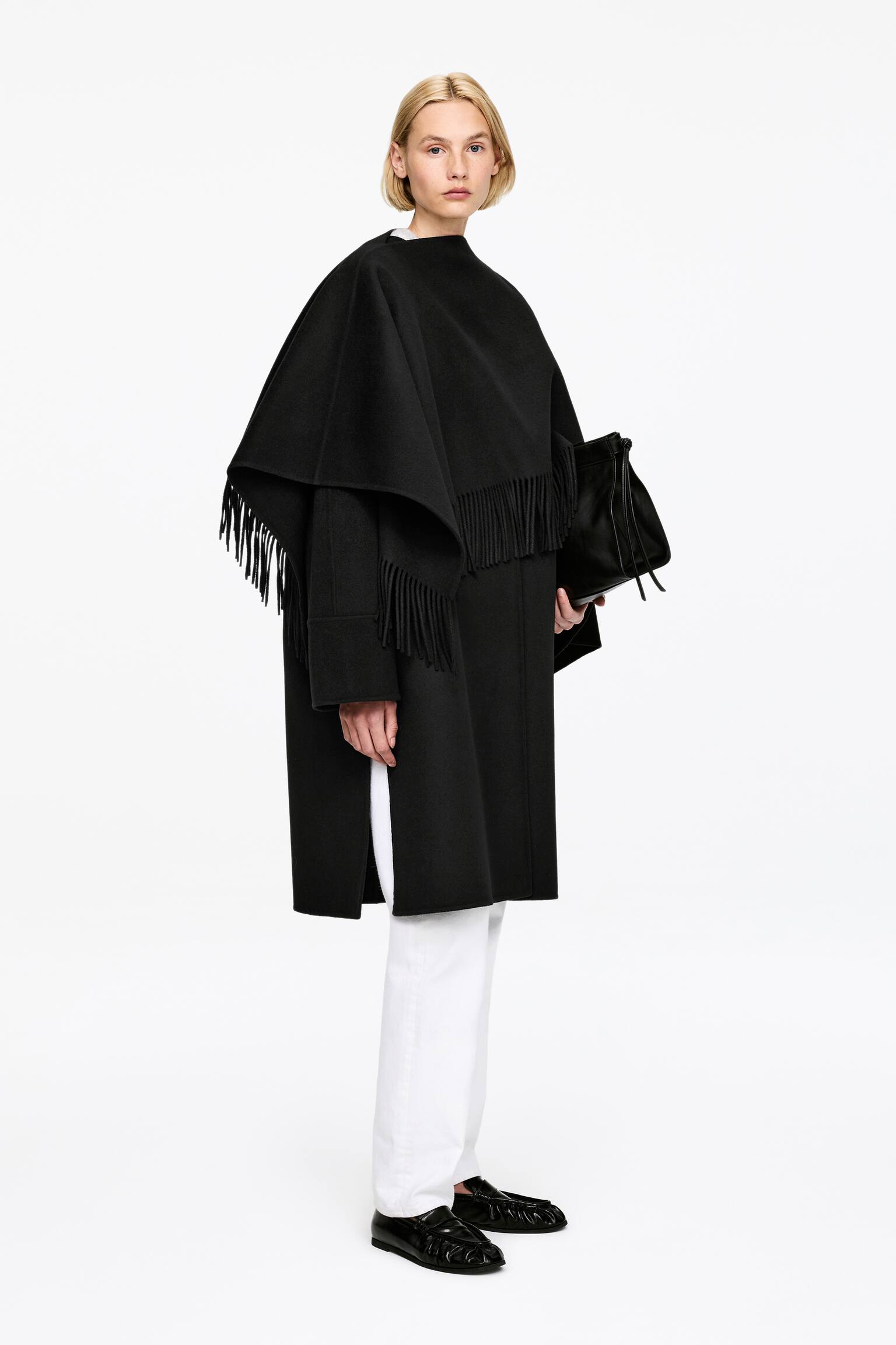 Płaszcz z podwójnej tkaniny z domieszką wełny - Czarny - 10