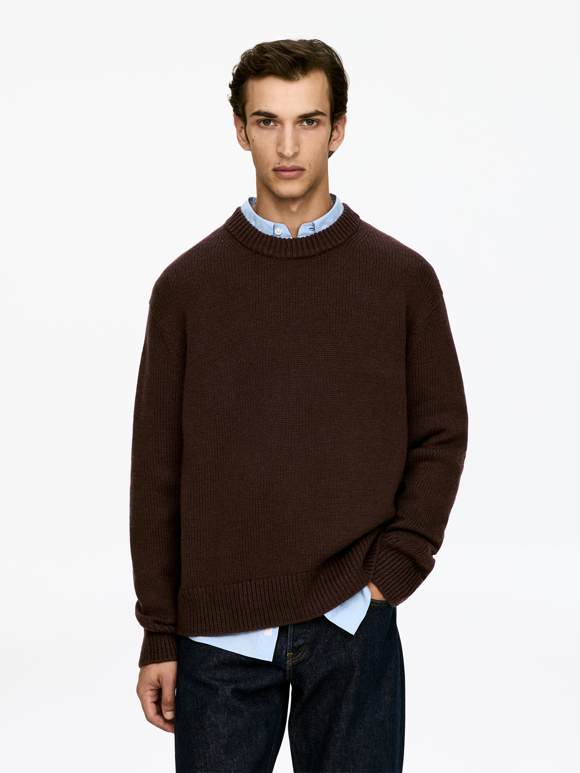 Silný pletený vlněný svetr - Burgundy/Off White/Tmavě modrá/Béžový melír/Tmavě hnědá/Světle šedý melír/Tmavě šedý melír/Středně modrá