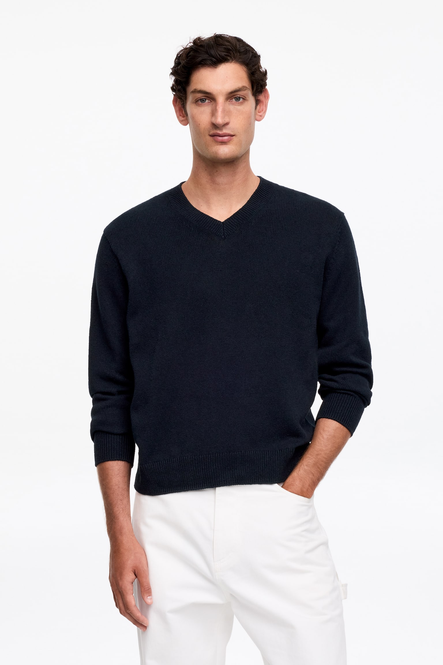 Jersey de lino y algodón con cuello de pico - Azul oscuro - 1