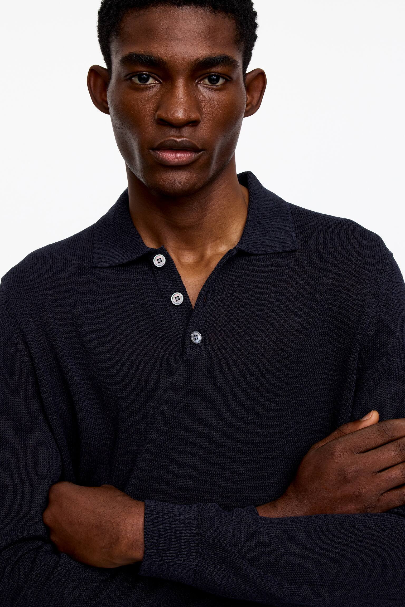 Polo shirt i linneblandning - Mörkblå/Brunmelerad - 5