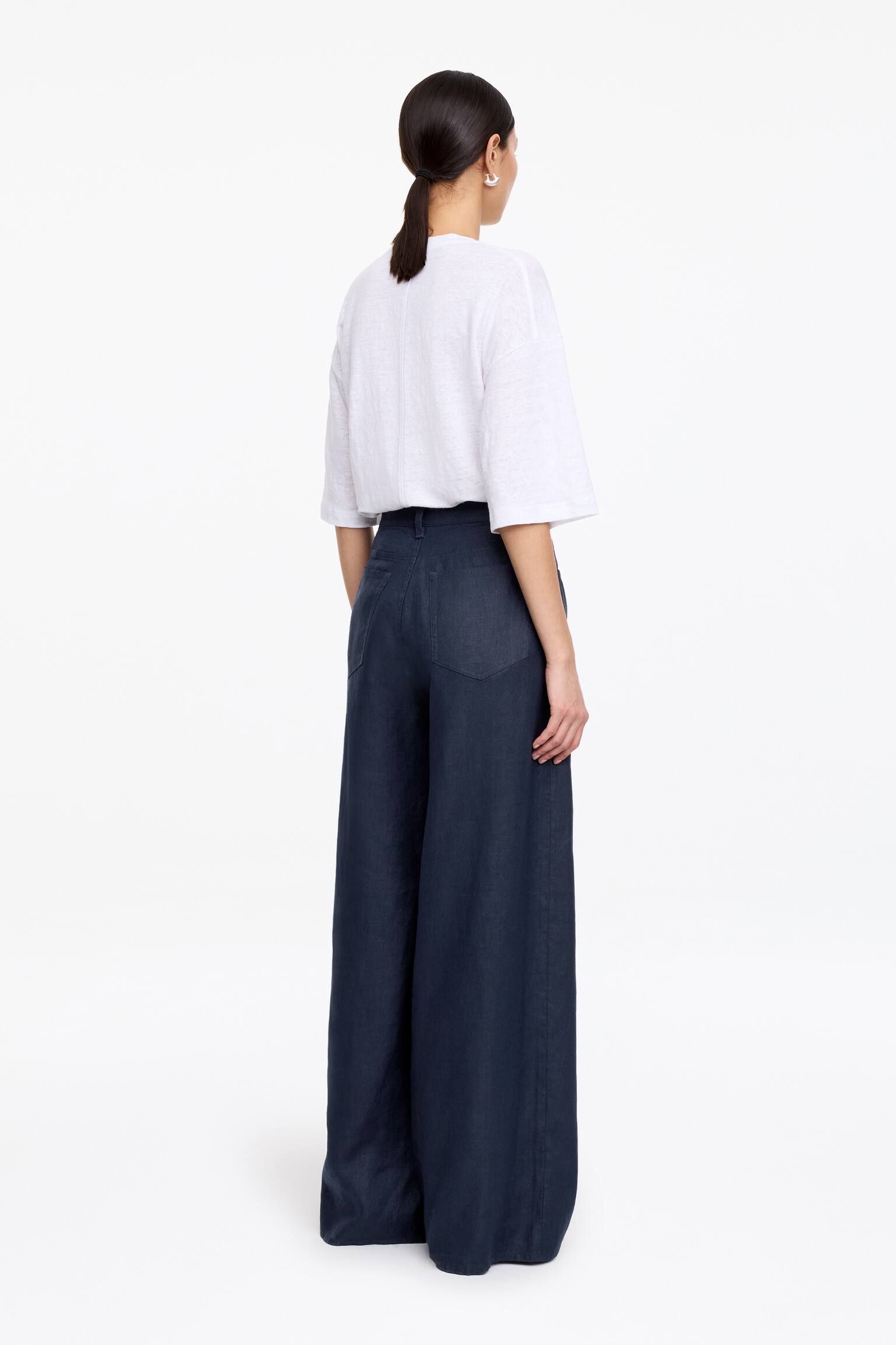 Pantalon en lin à cinq poches - Bleu foncé/Blanc - 3