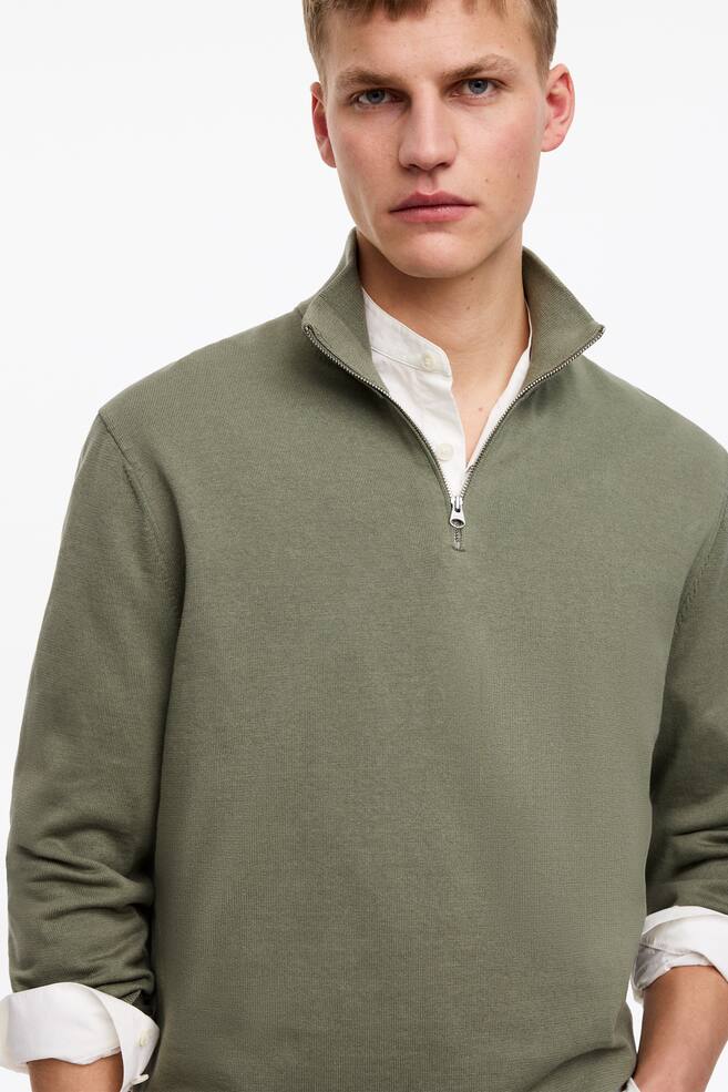 Knitted Half-Zip Jumper - Khaki Green/Black - 4