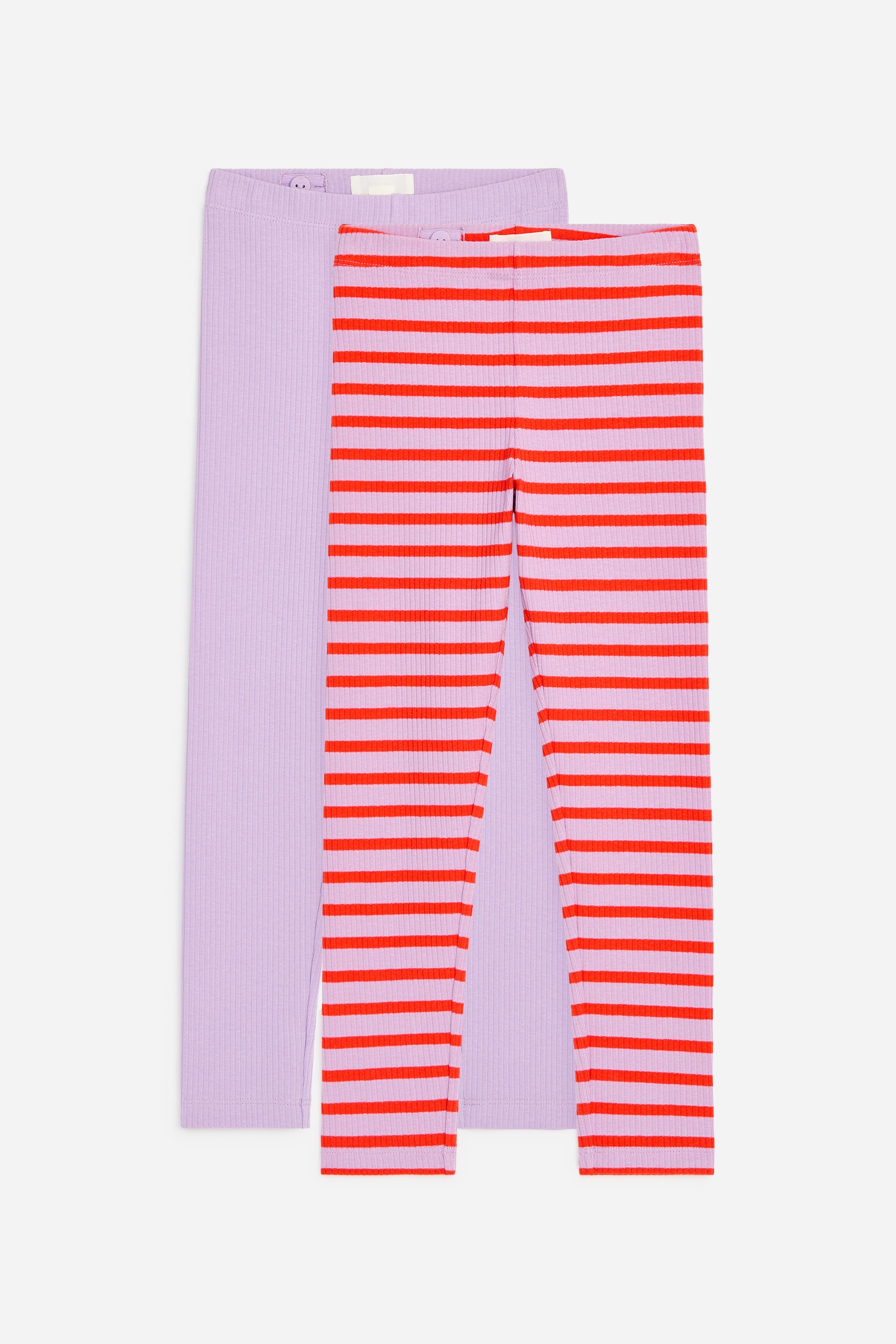 View larger image: Two pairs of ribbed leggings are laid flat, showcasing their front. One pair is a solid light purple, while the other features light purple with red horizontal stripes, both equipped with adjustable elastic at the waist.