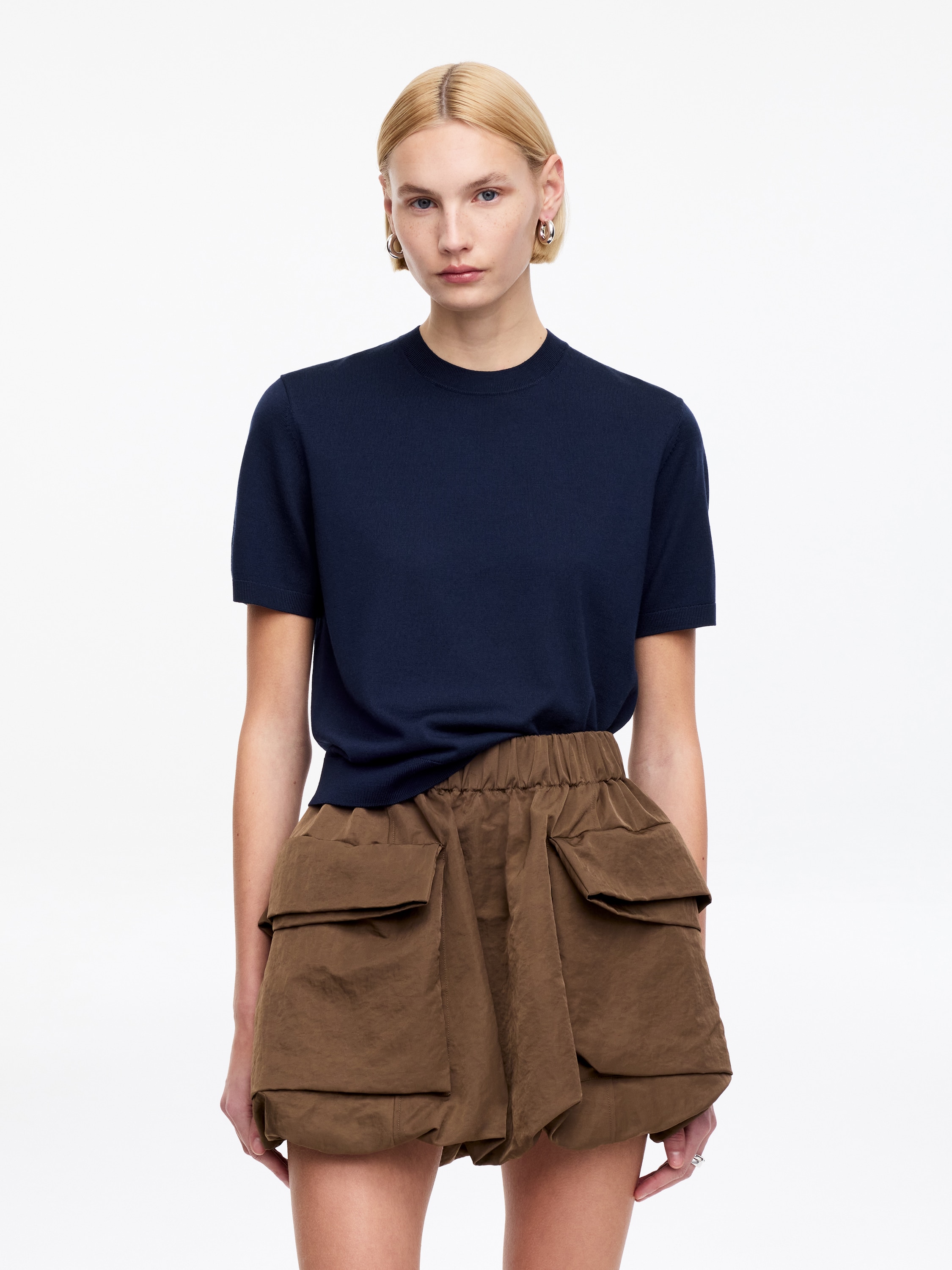 Knitted Merino Wool T-Shirt - Dark Blue/Dark Beige