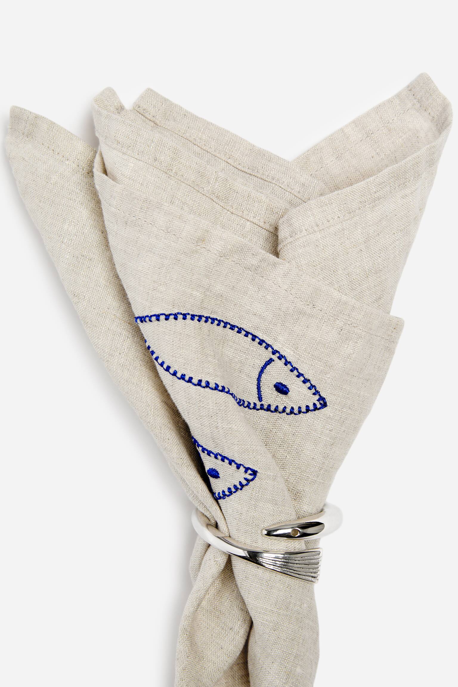 Σετ 2 λινών πετσετών με κέντημα - Μπεζ/Ψάρια/Μπεζ/Λεμόνια - 3