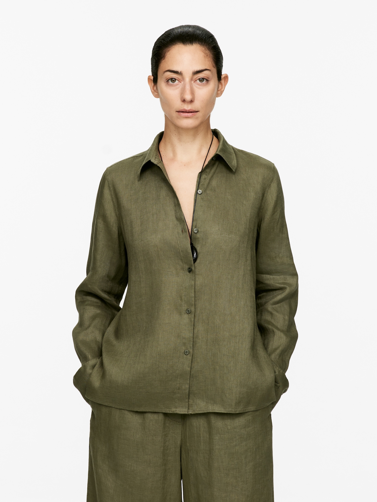 Camisa de lino - Verde caqui/Blanco/Azul