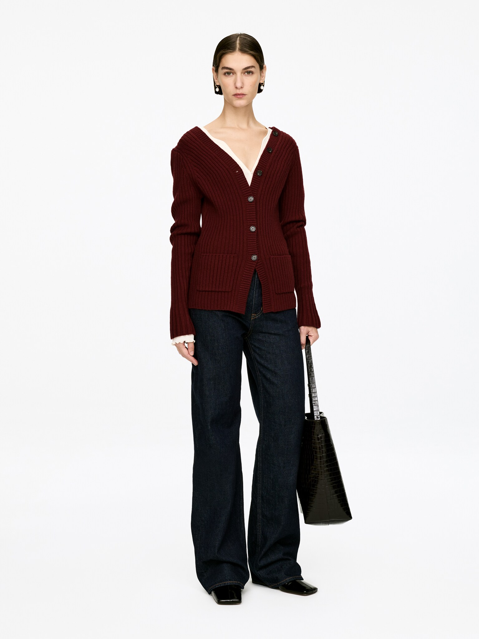Cardigan en maille côtelée - Bordeaux/Bleu foncé - 4