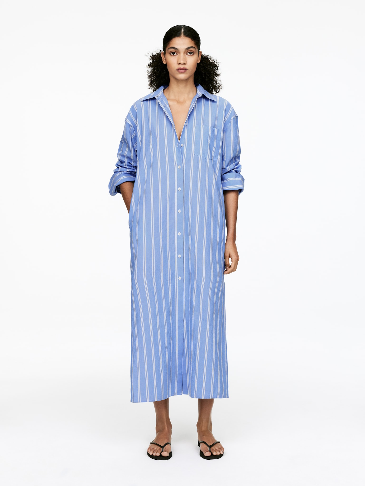 Robe-chemise en coton - Bleu/Blanc/Marron/Blanc