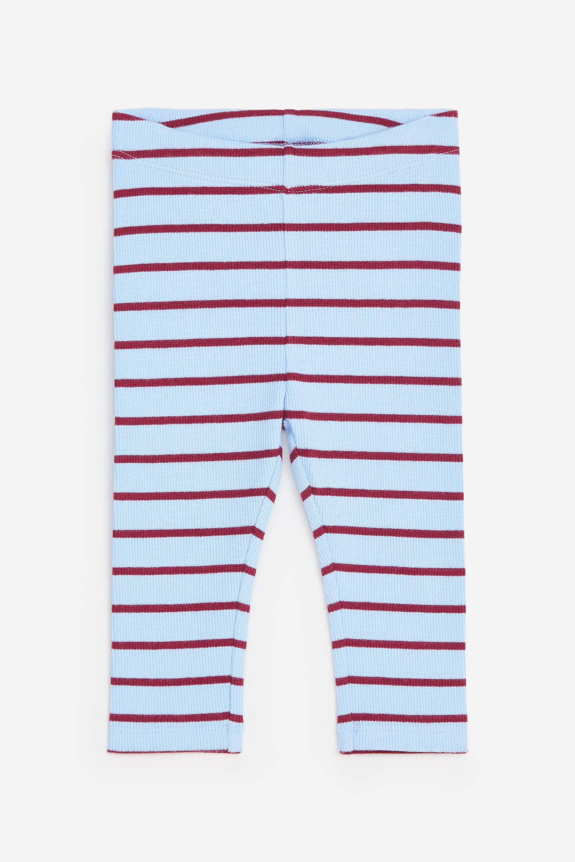 Agrandir l'image: Un legging côtelé bleu clair à rayures horizontales bordeaux est présenté de face, mettant en valeur une taille élastiquée et des jambes à coupe droite. Le legging affiche une texture en maille côtelée sur l’ensemble du modèle.
