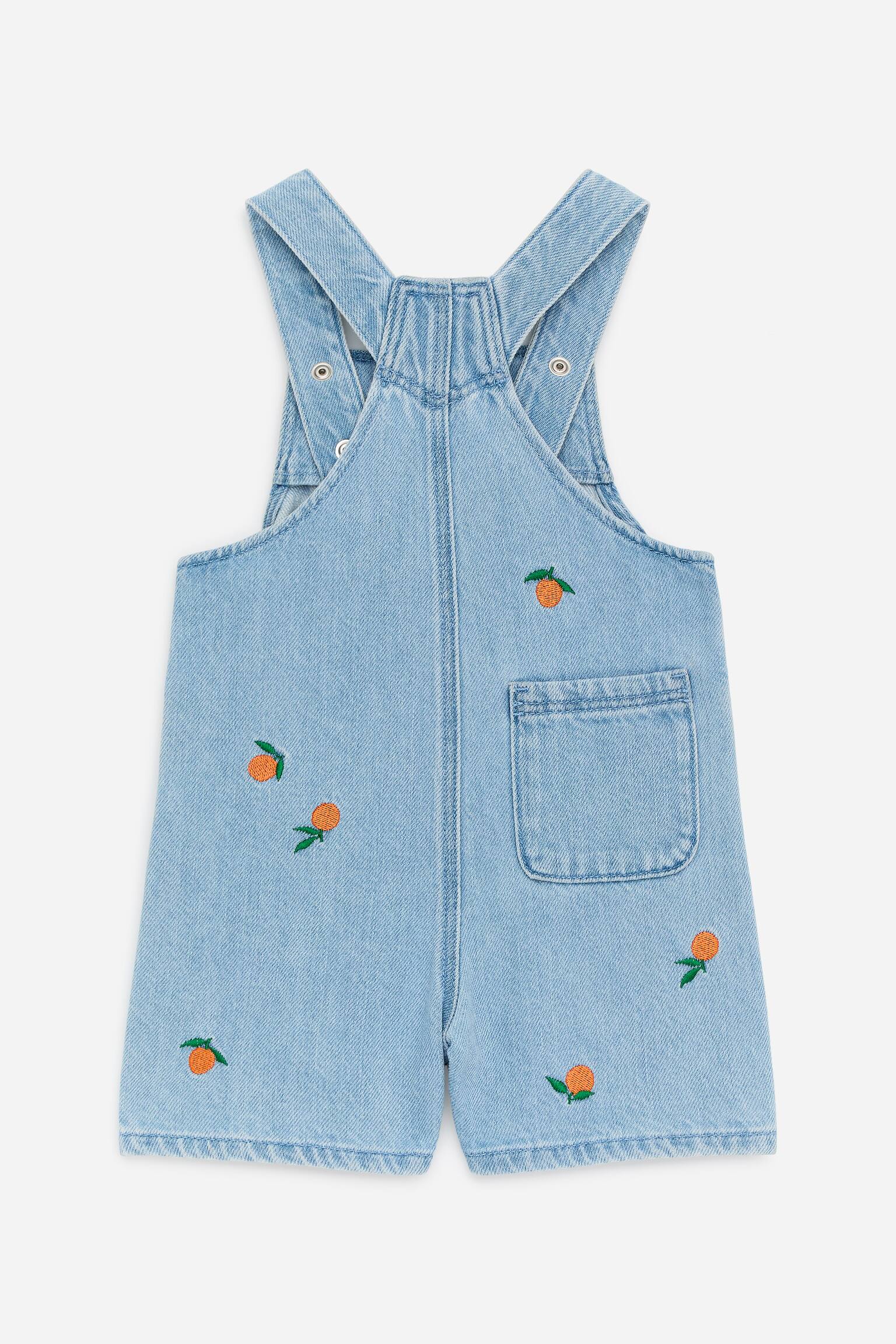 Embroidered Denim Dungaree Shorts - Blue/Oranges - 3