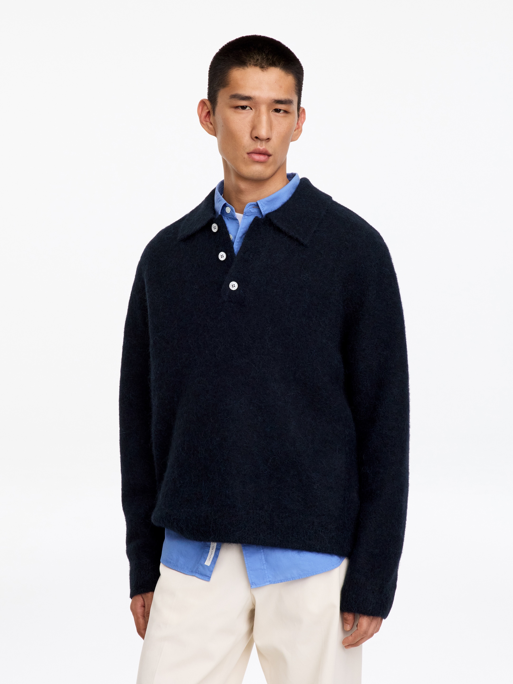 Alpaca Wool Blend Polo Shirt-Blue-20762