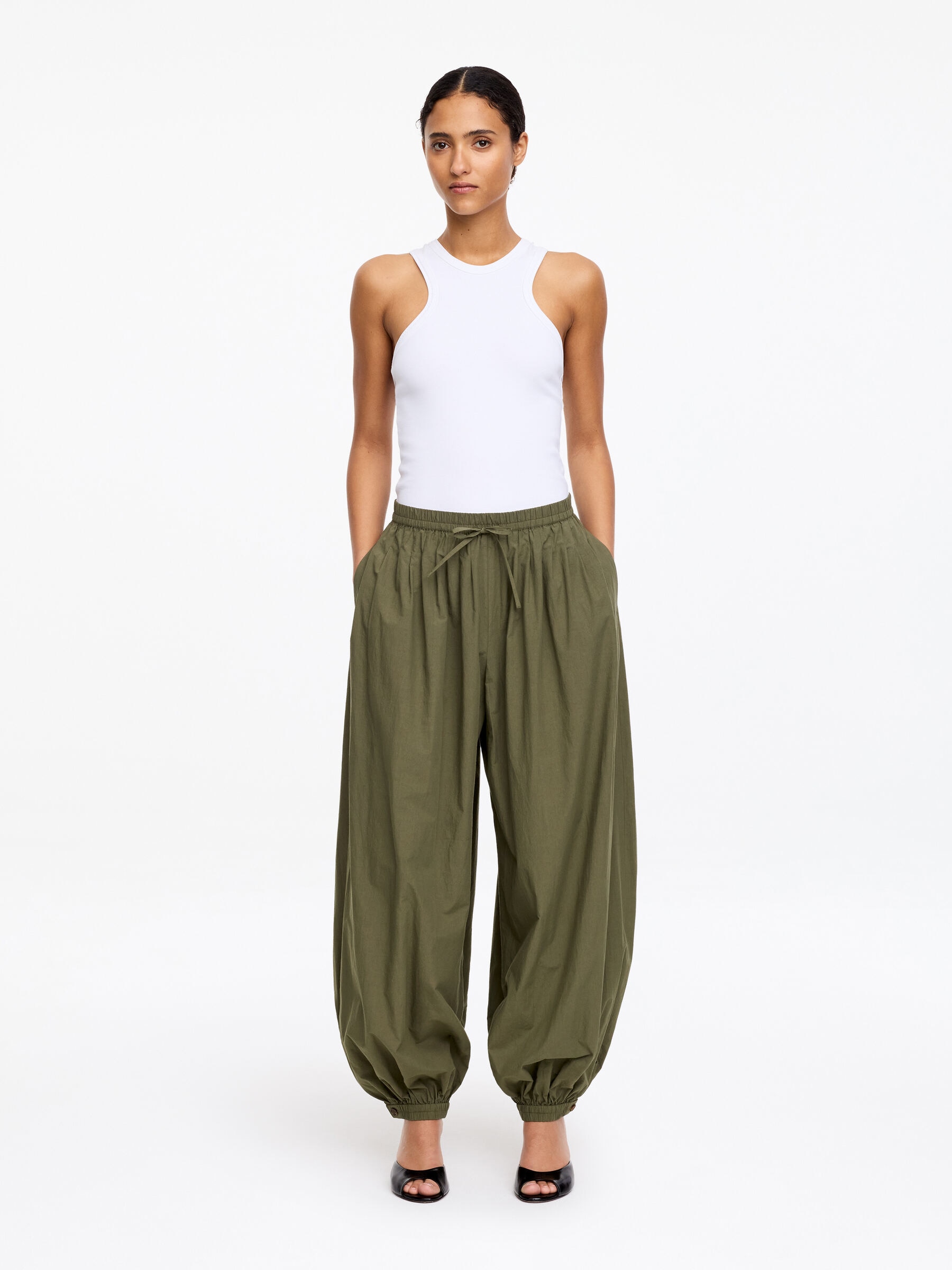 Balloon Cotton Trousers-#58584A-18533