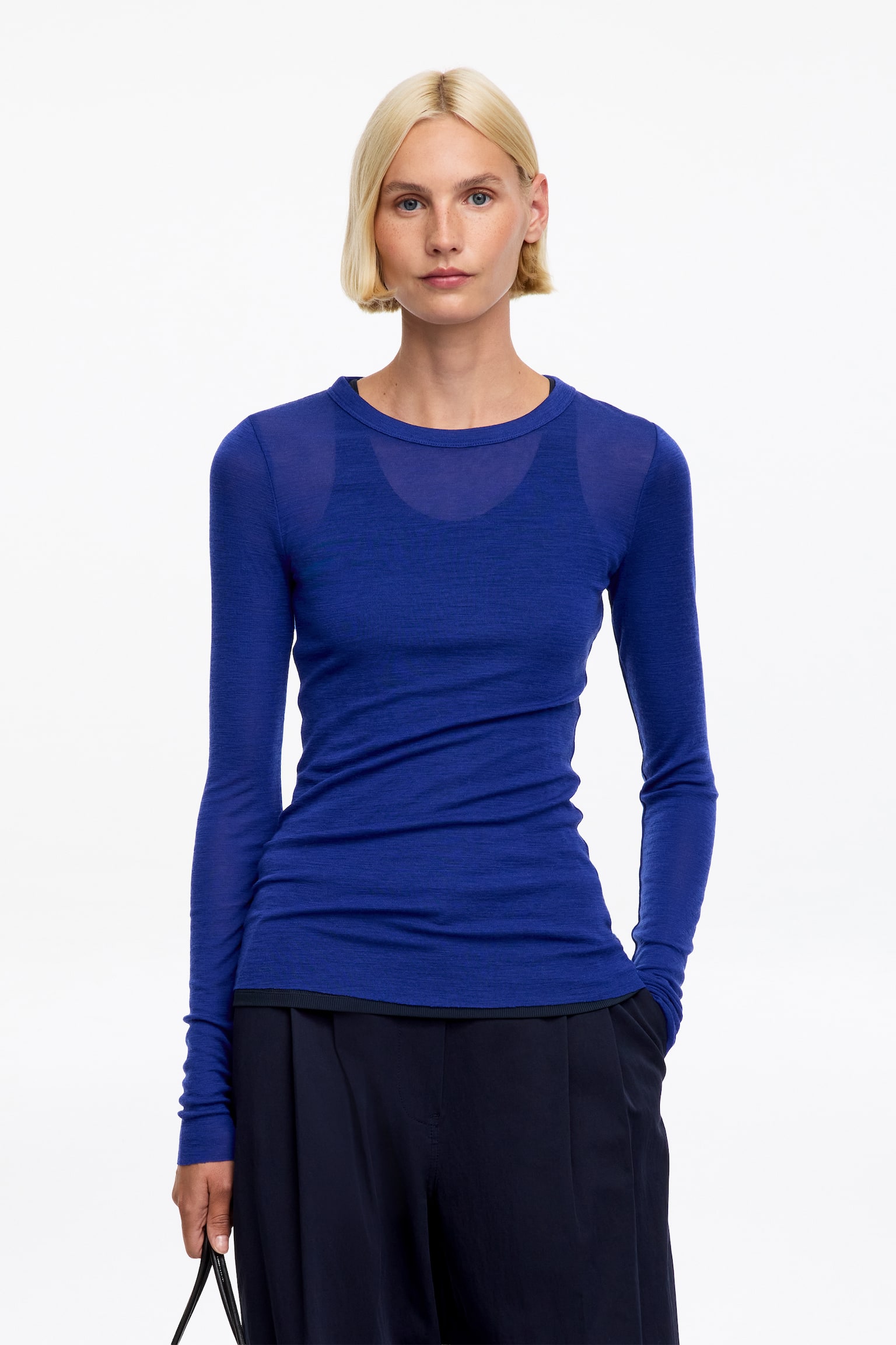 Top de manga comprida em merino - Azul brilhante/Cinzento - 1