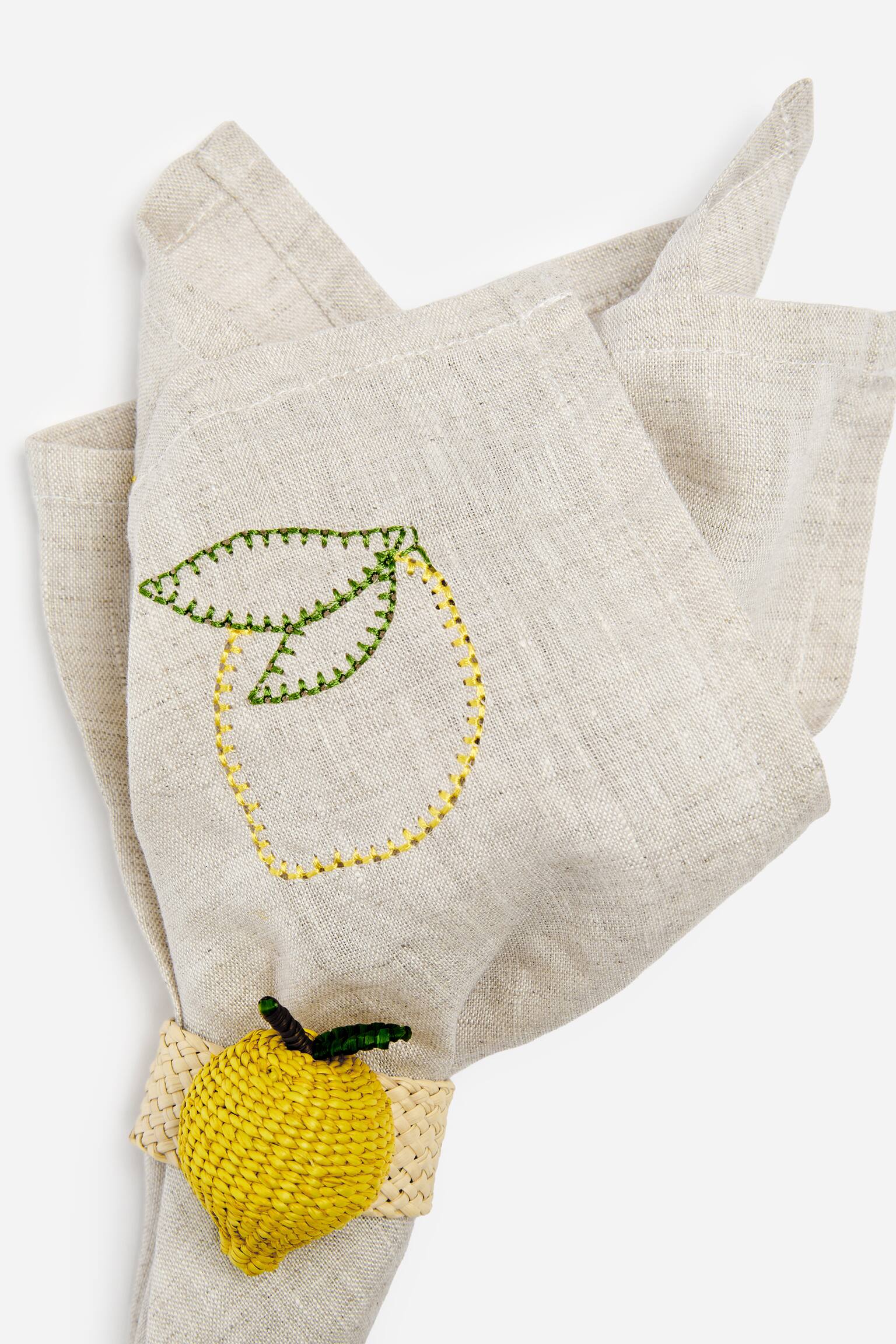 Σετ 2 λινών πετσετών με κέντημα - Μπεζ/Λεμόνια/Μπεζ/Ψάρια - 3