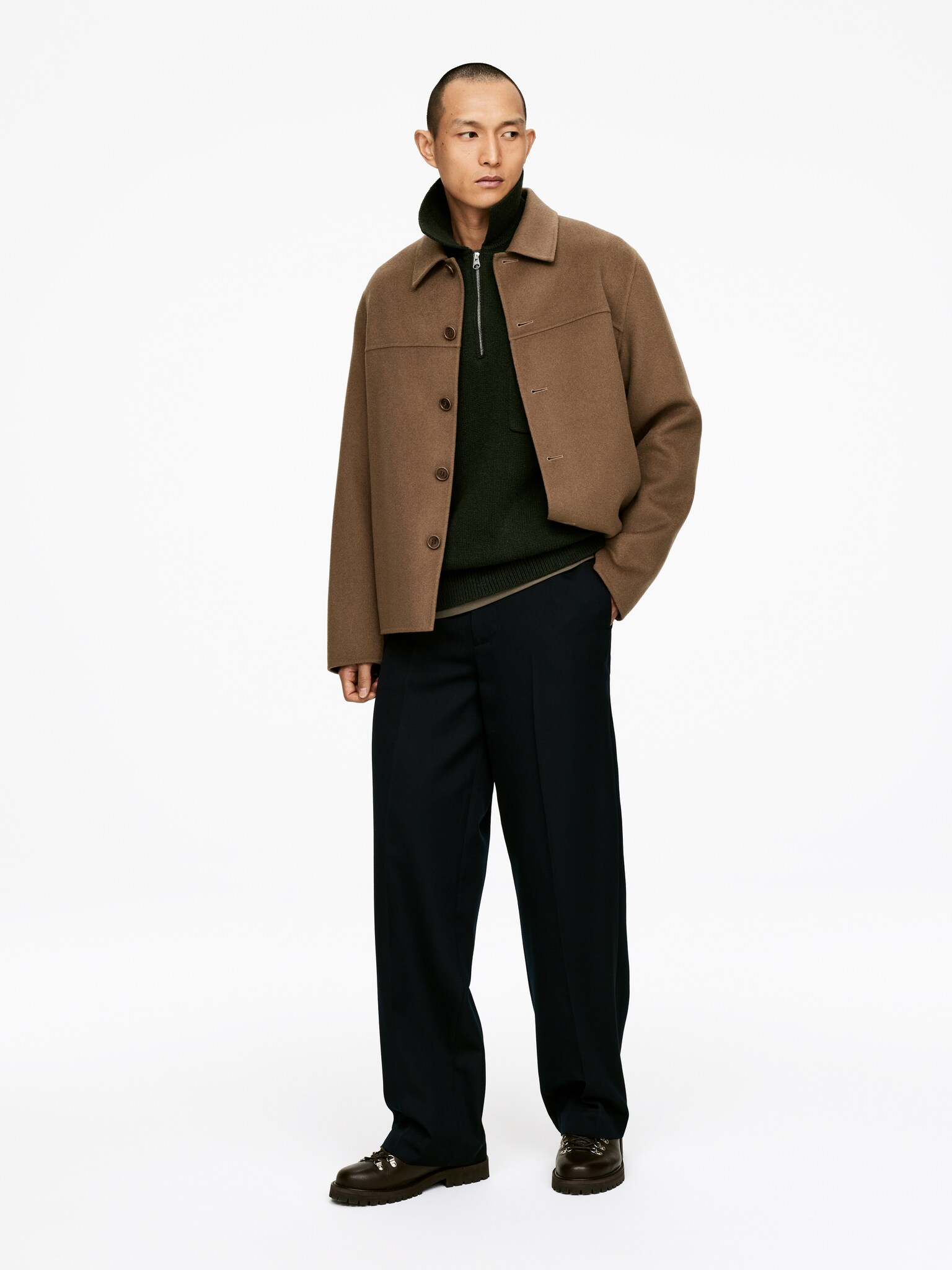 Knitted Wool Zip Polo Shirt - Dark Green/Grey/Brown - 4