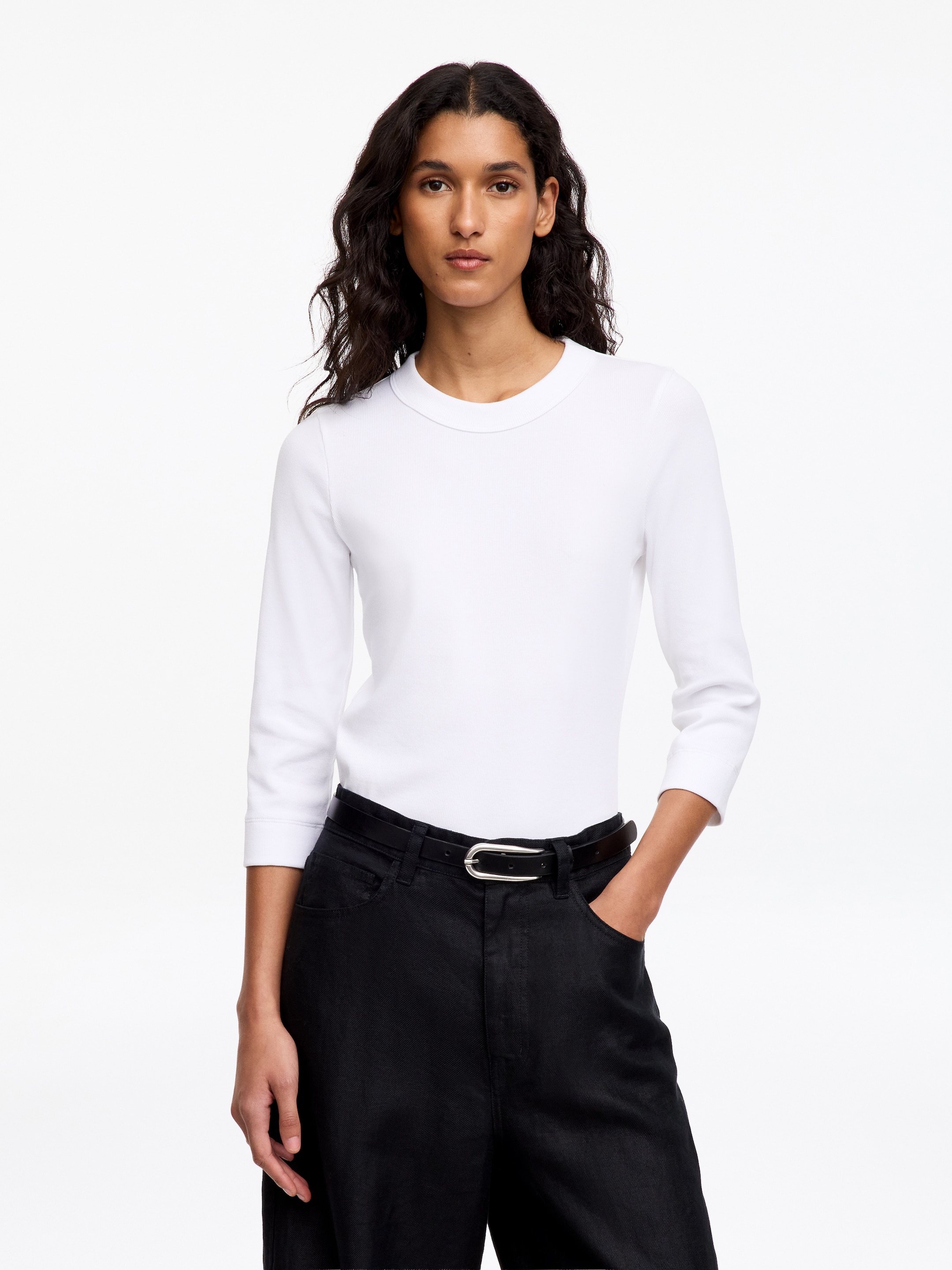 Slim Crop-Sleeve Rib T-shirt-White-15950