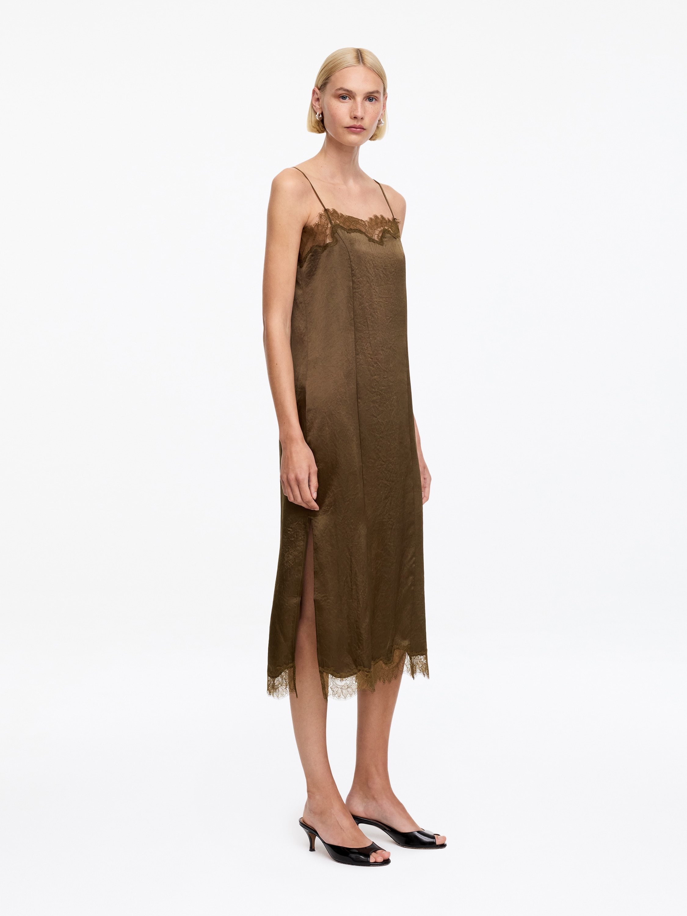 h&m brown slip dress Ladies - Dark Brown/Black Lace-Trimmed Slip Dress - Size: M