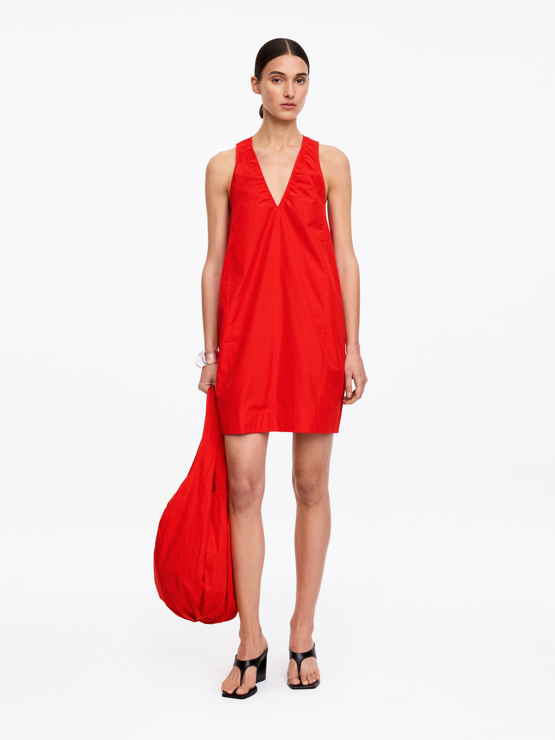 Gathered V-Neck Dress-#B32B34-18978