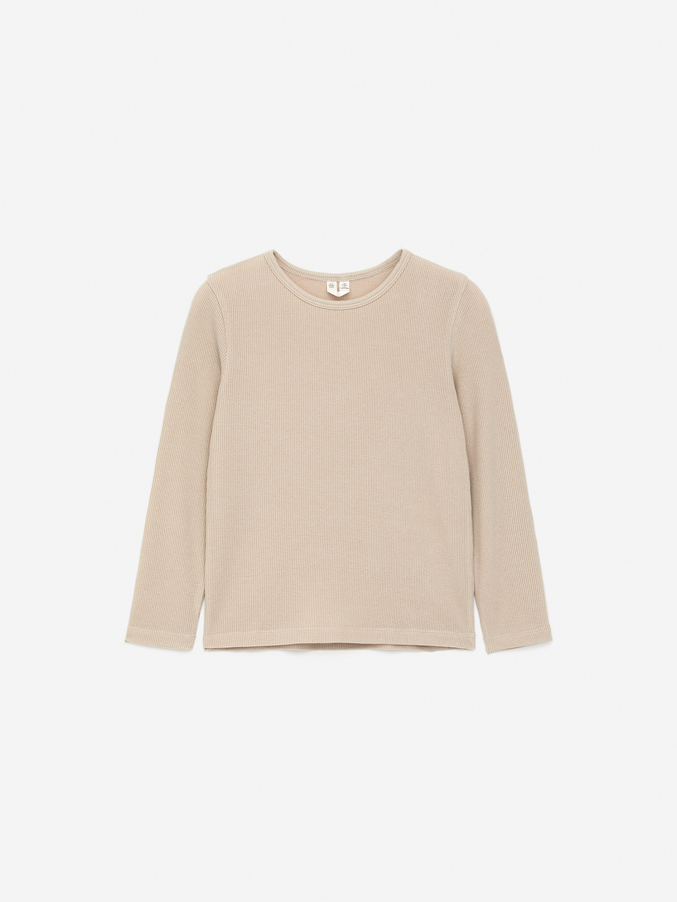 Agrandir l'image: Un T-shirt à manches longues présente son devant, avec une coupe ajustée et un tissu côtelé et brillant de couleur beige.