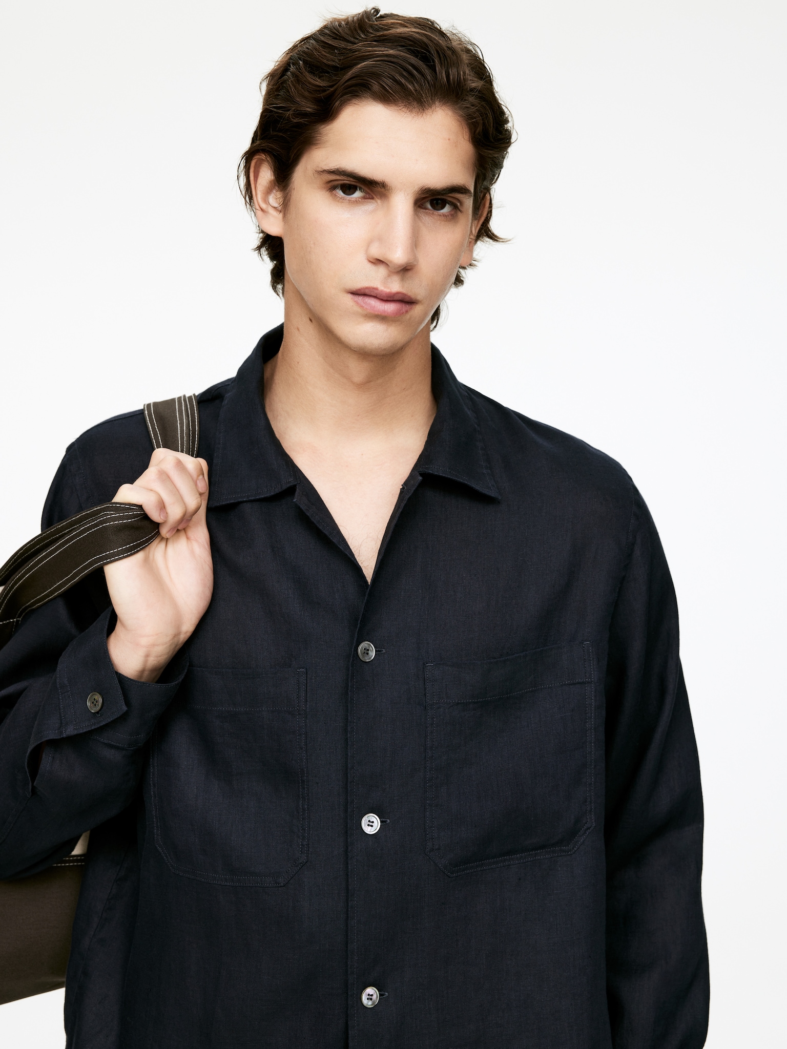 Camisa de lino holgada - Azul/Beige/Negro - 4
