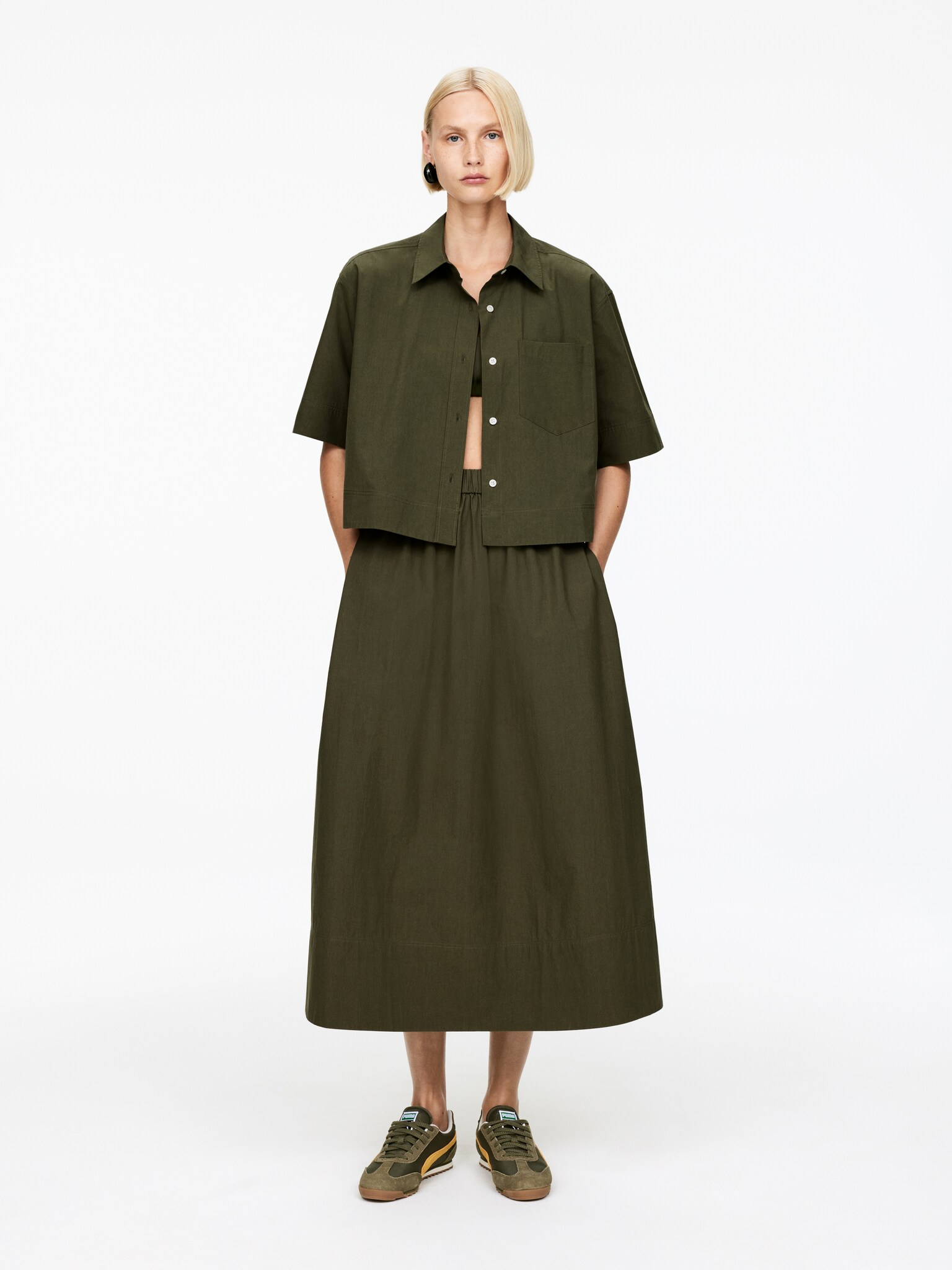 Chemise en coton à manches courtes - Vert kaki foncé/Noir/Blanc - 5
