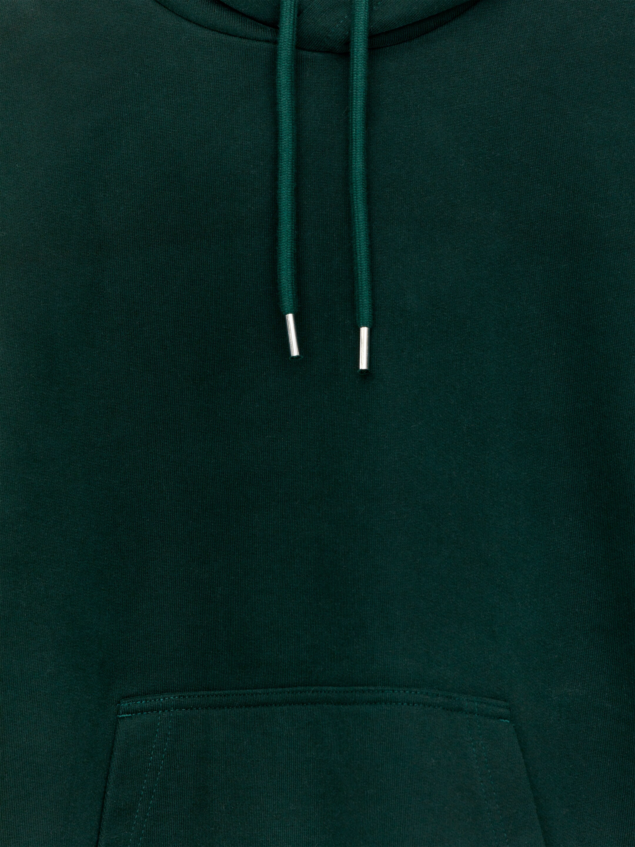 Ver imagem maior: A parte da frente de uma sweatshirt com capuz verde escuro apresenta dois cordões a condizer com ponteiras prateadas e a parte superior de um bolso canguru.